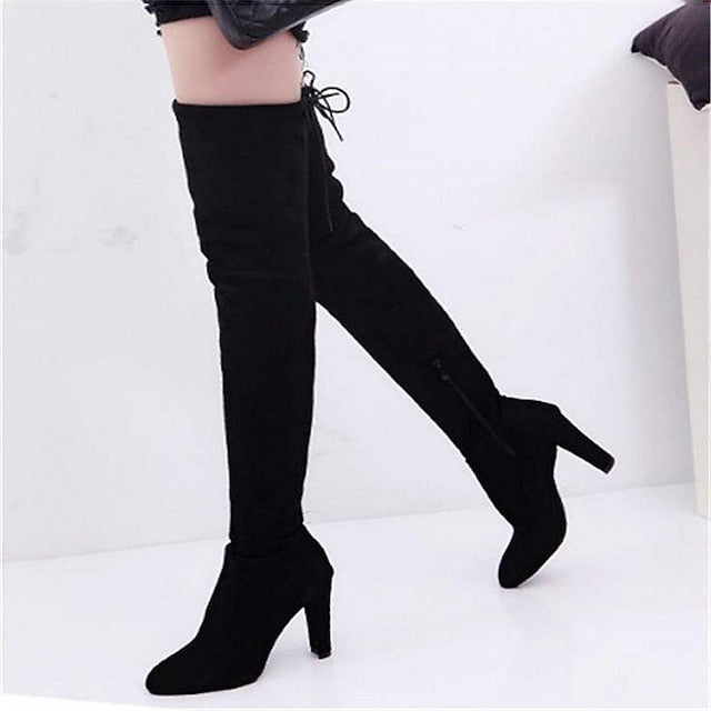Lovevop Women's Autumn Boots - Plus Size Over The Knee Boots with Chunky Heel, Pointed Toe & Lace-Up Design in Black/Red/Gray | Suede Winter Boots for Daily Wear, Office & Date Night Outfits