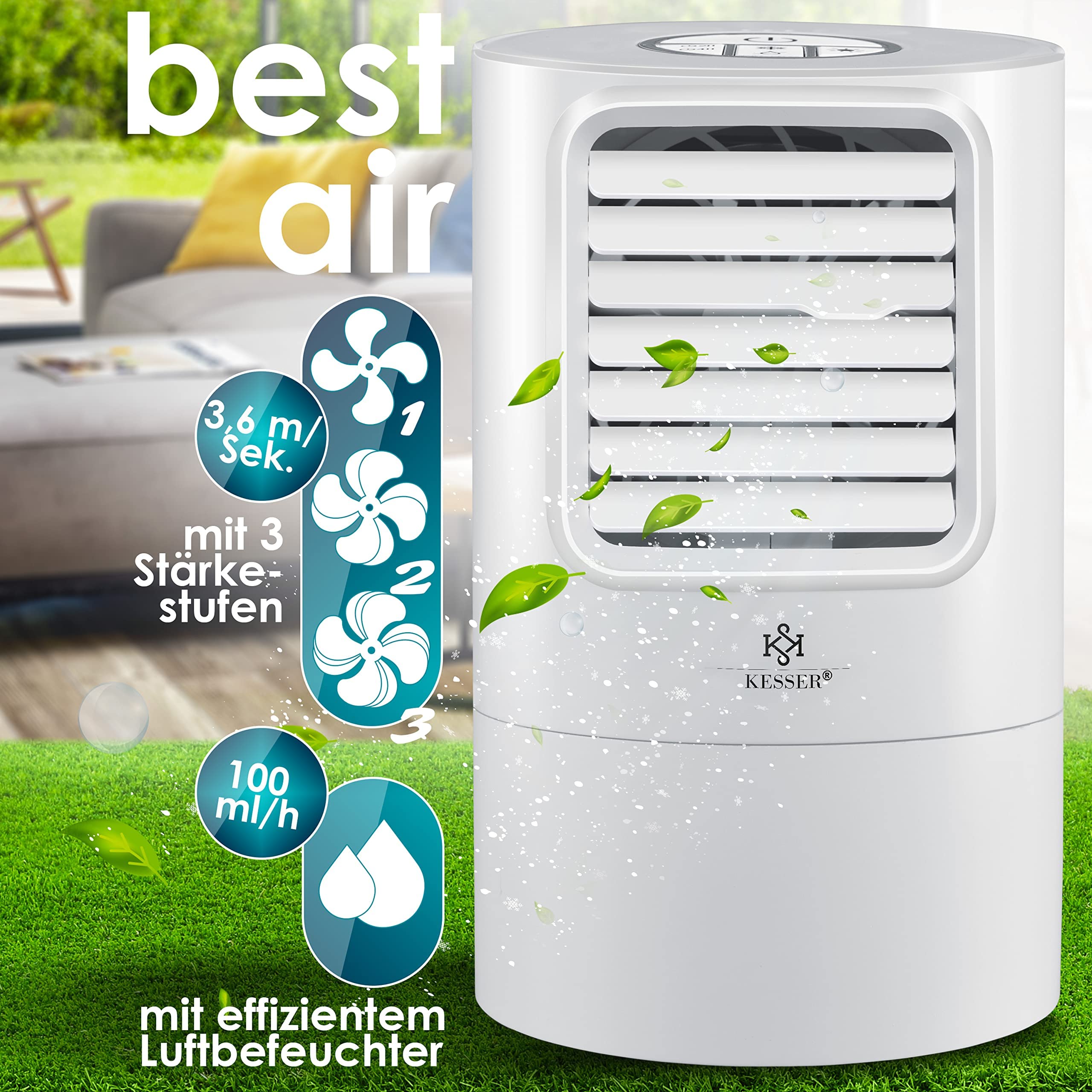 KESSER® Portable 4-in-1 Mini Air Conditioner with LED Lights, Fan, Water Tank & Timer - 3 Speed Levels, Ionizer Humidifier, Compact Personal Cooler (White) - Perfect for Bedroom, Office & Small Spaces