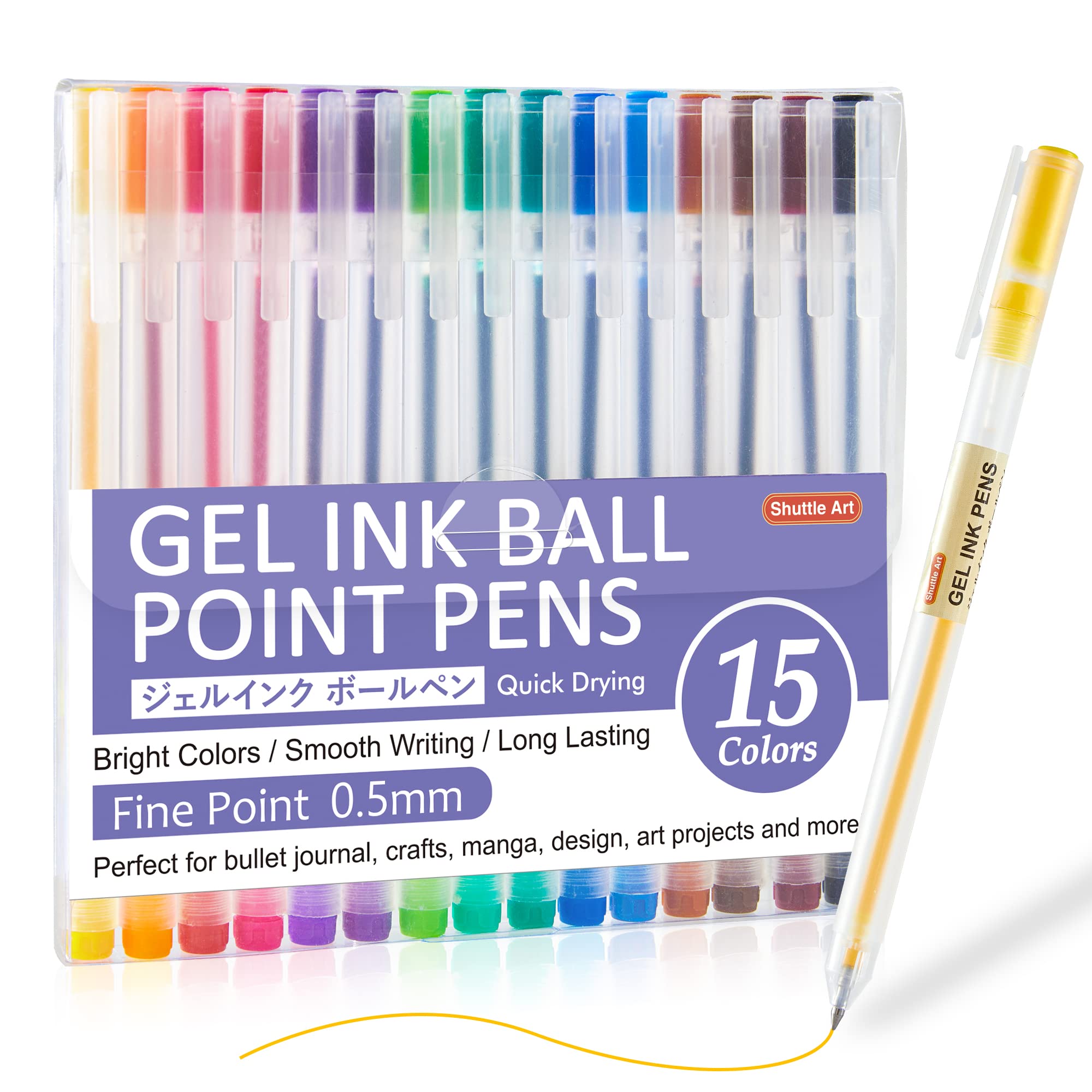 Shuttle Art 15-Color Gel Ink Ballpoint Pens Set - 0.5mm Fine Point Japanese Style Quick-Drying Pens for Smooth Writing - Perfect for Journaling, Note Taking, School & Office Use (Home, Work, Study Essential)