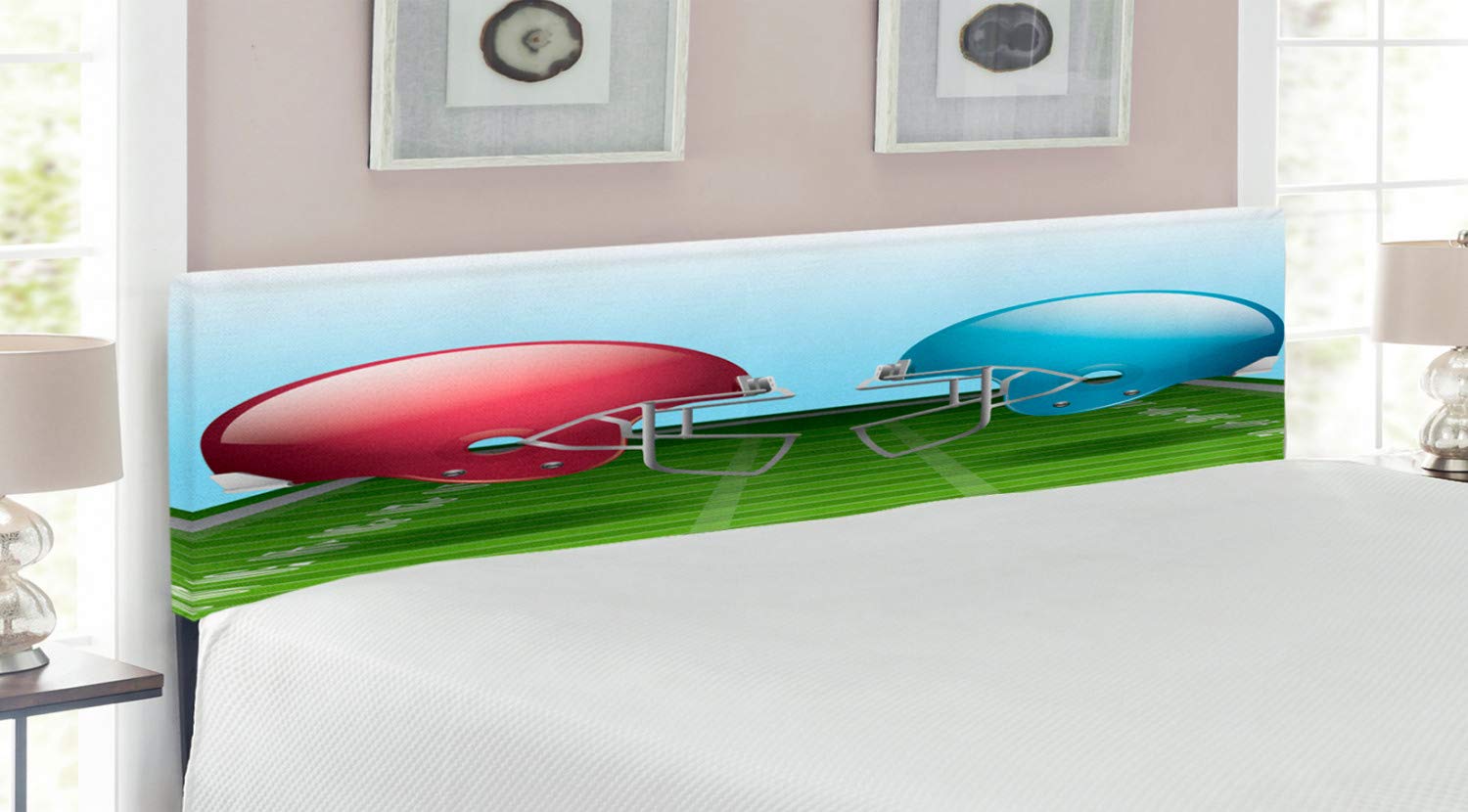 Ambesonne King Size Upholstered Sports Headboard - American Football Hardhats Cartoon Design, Decorative Metal Bed Frame with Memory Foam, Coral Sky Blue - Perfect for Sports Themed Bedroom Decor & Fan Cave Setup