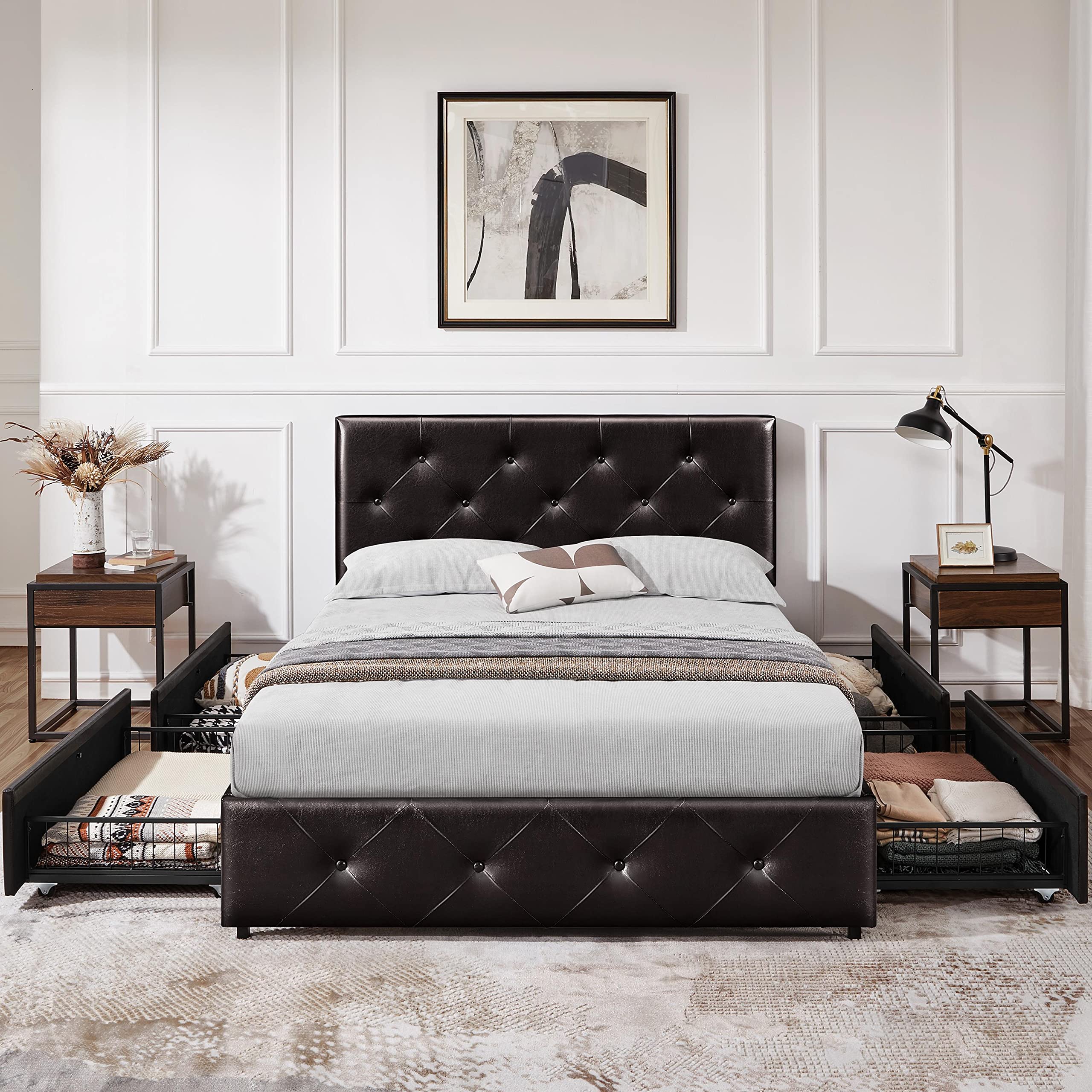 Yaheetech Full Size Upholstered Platform Bed Frame with Adjustable Button Tufted Headboard, 4 Storage Drawers & Wooden Slats - No Box Spring Needed (Black Brown) - Perfect for Small Bedrooms, Guest Rooms & Space-Saving Storage Solutions