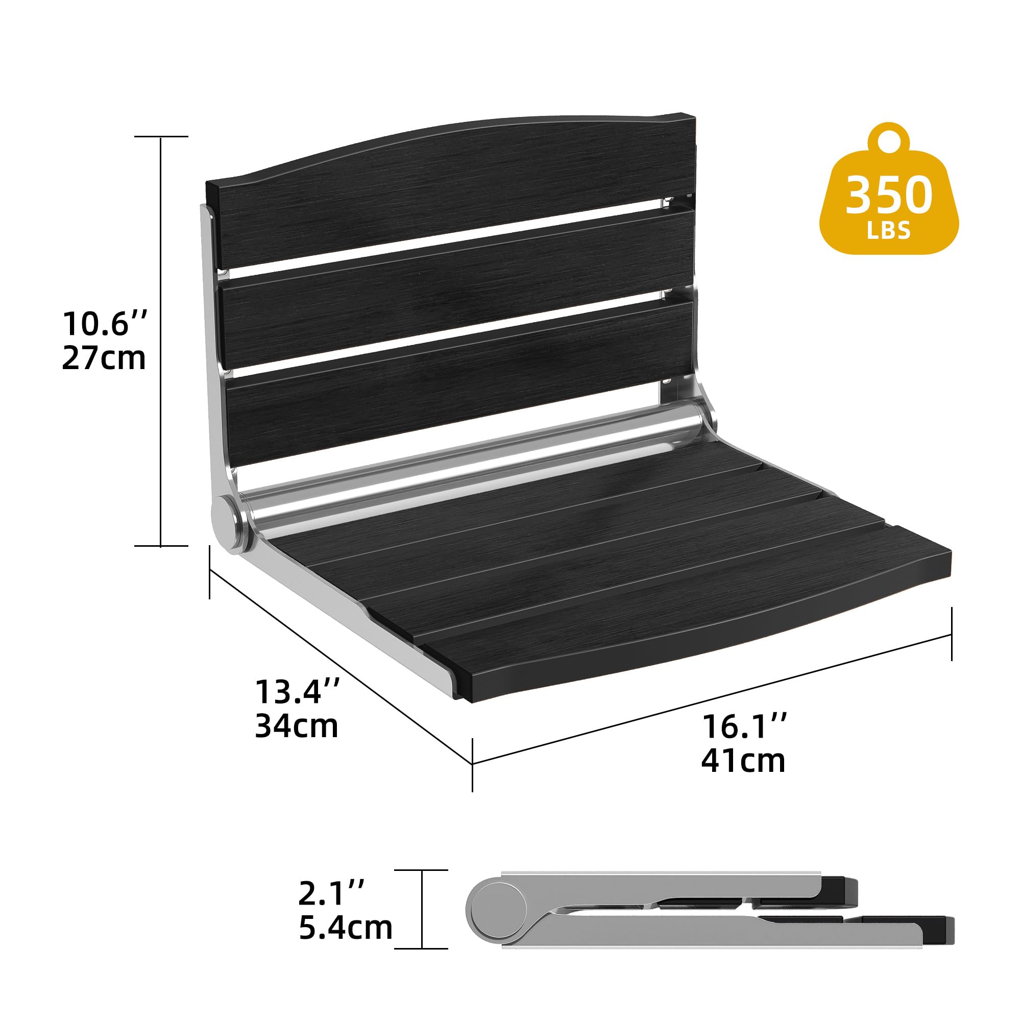 DWVO Folding Shower Seat Wall Mounted - Fold Down Shower Bench for Elderly, Disabled & Pregnant Women - Non-Slip Bathroom Safety Chair for Home Care (Black) - Ideal for Small Bathrooms & Assisted Living Spaces