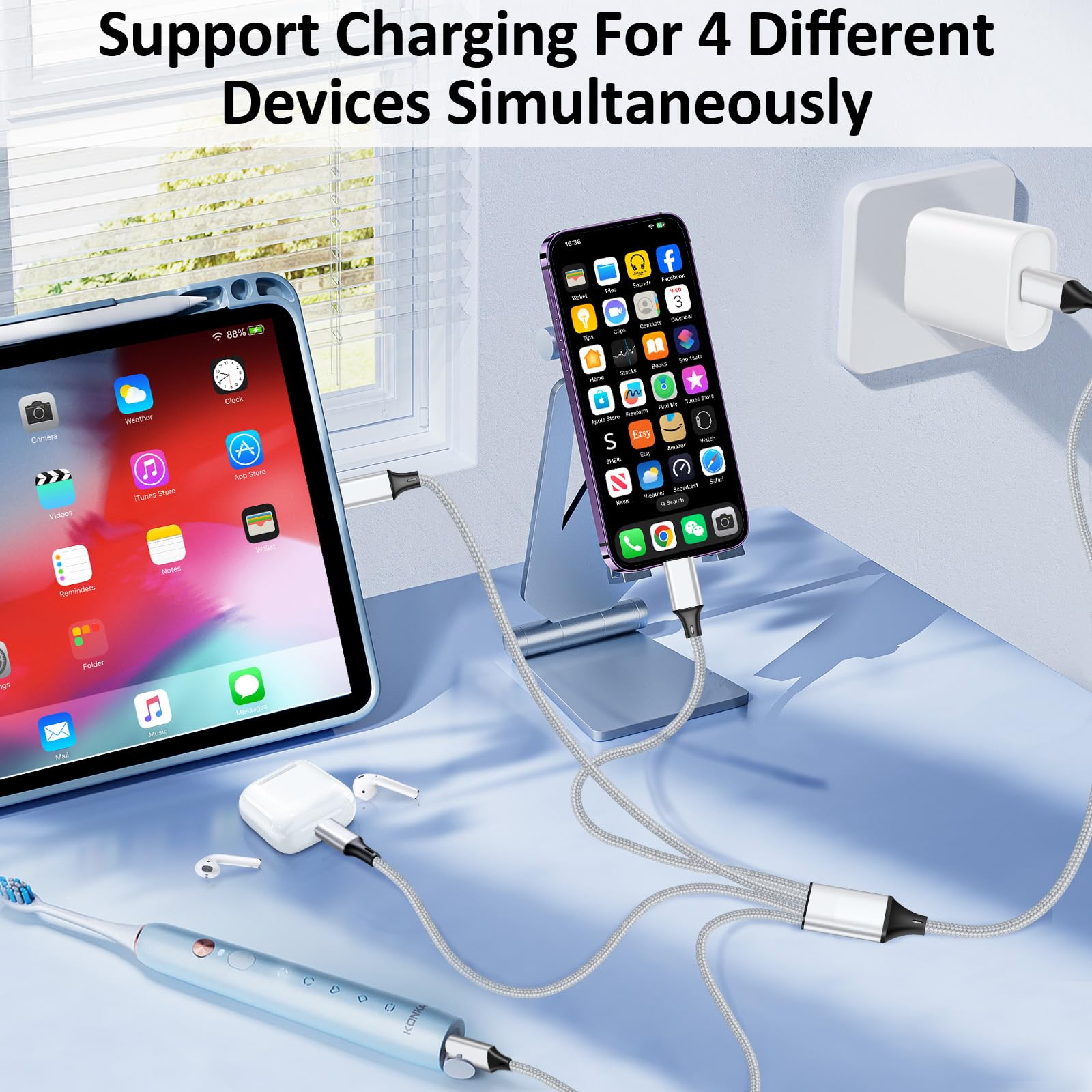 USB C Splitter Multi Charging Cable 2-Pack (4Ft) - 4-in-1 USB A/C to USB C PD & QC 3.1A Fast Charger with 4 Type-C Ports - Compatible with iPhone, Samsung, iPad, MacBook - Perfect for Home, Office & Travel Charging