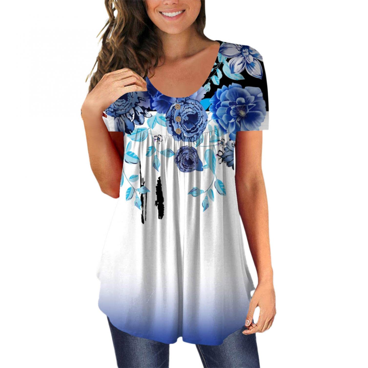 FABIURT Women's Summer Tops - Stylish V-Neck Henley Button-Up Tunic Blouse with Short Sleeves | Casual & Dressy Shirts for Women | Perfect for Office, Date Night & Summer Outings