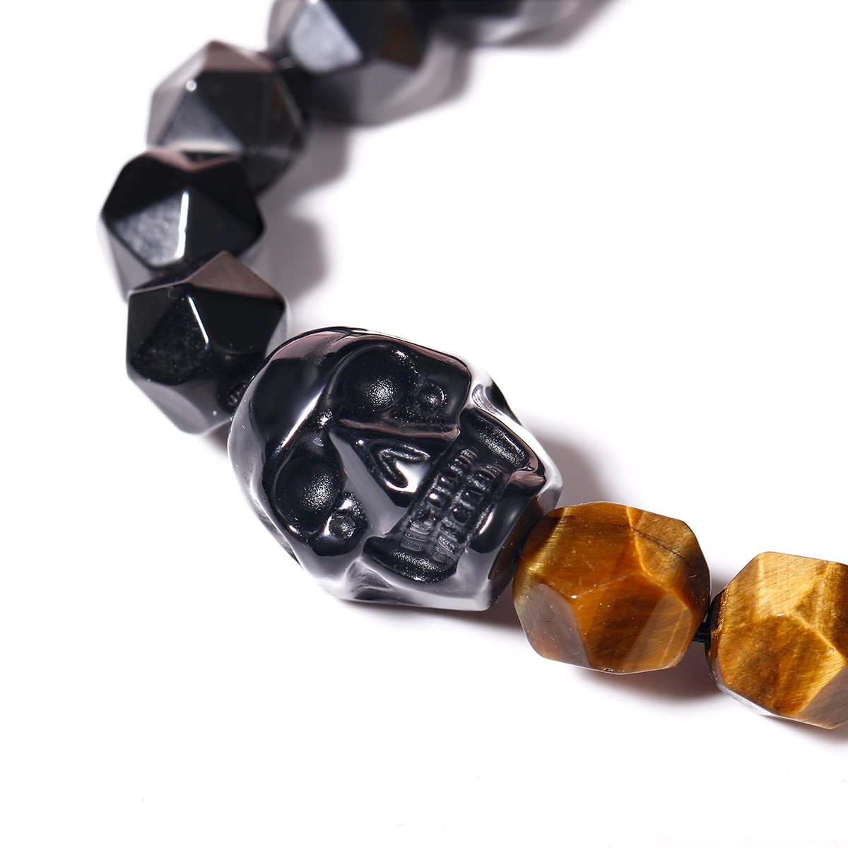 Jewever Tiger Eye & Black Obsidian Skull Bracelet - 10mm Healing Stone Beads for Women & Men - Energy Balancing, Chakra Protection - Perfect for Meditation, Yoga & Spiritual Healing