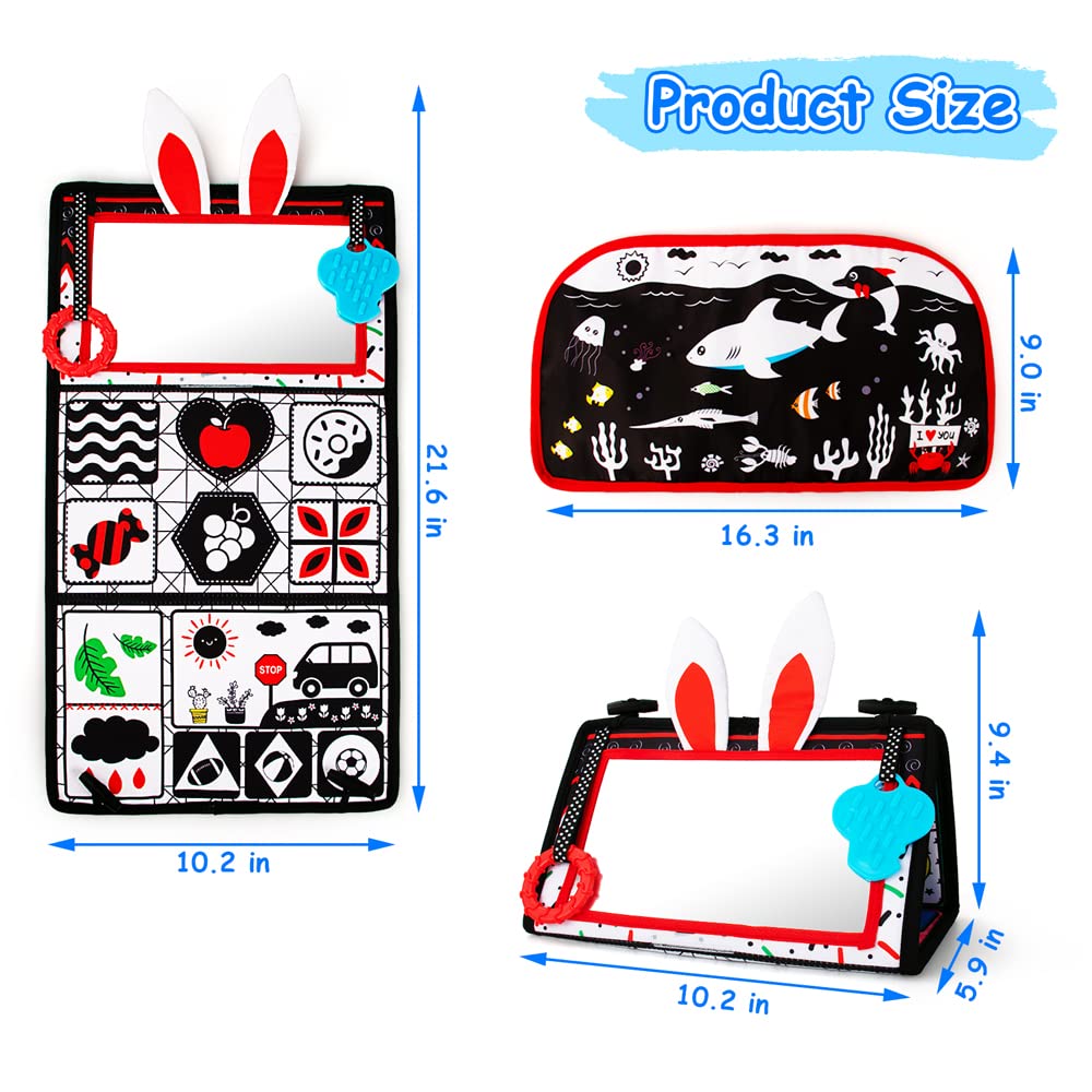 Black and White High Contrast Baby Mirror Toy - Tummy Time Sensory Infant Toy for Newborns 0-6 Months | Brain Development & Texture Exploration | Tabletop Mount with Squeaker Piano | Perfect for Early Learning and Playtime Stimulation