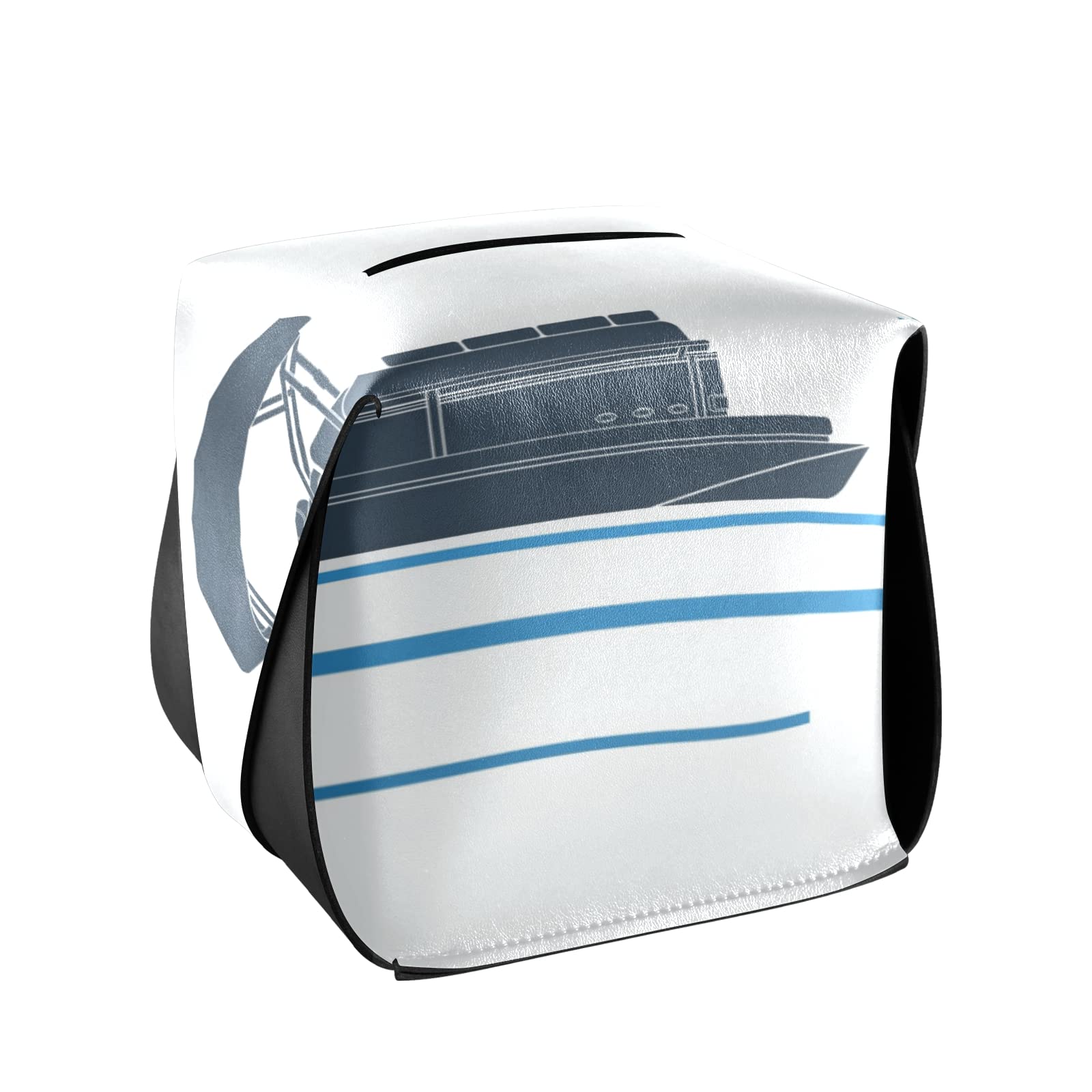 Editable Side View Flat Style Pontoon Boat Leather Tissue Box Cover - 5.7x5.7x5.7 Inch White Rectangle with Handle for Bathroom, Home, Nightstand, Vanity, Office Desk & Car - Perfect for Coastal Decor, Nautical Themed Rooms & Marine Enthusiasts