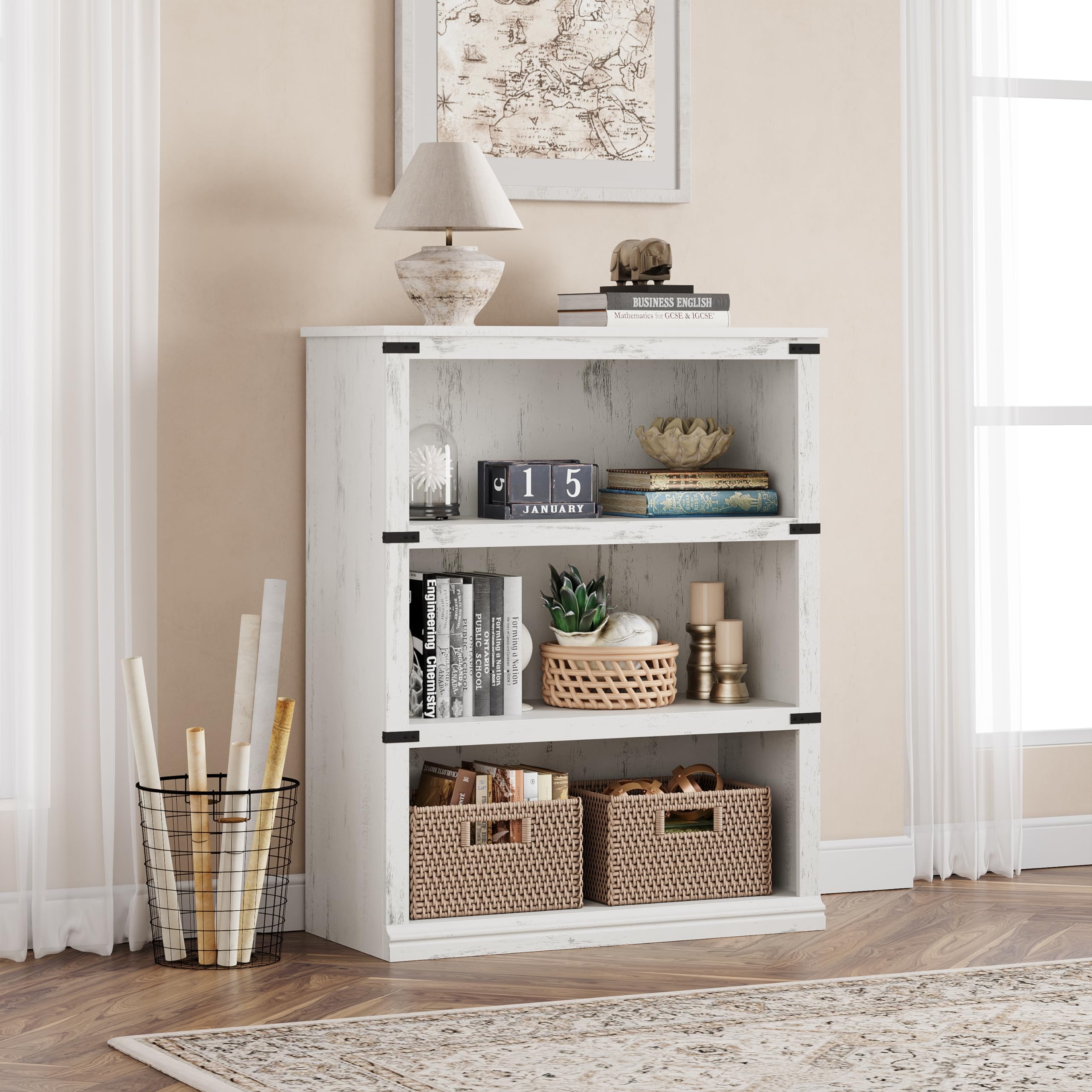 GARVEE 3-Tier Wooden Bookshelf - Farmhouse Style Open Storage Bookcase with 43.3