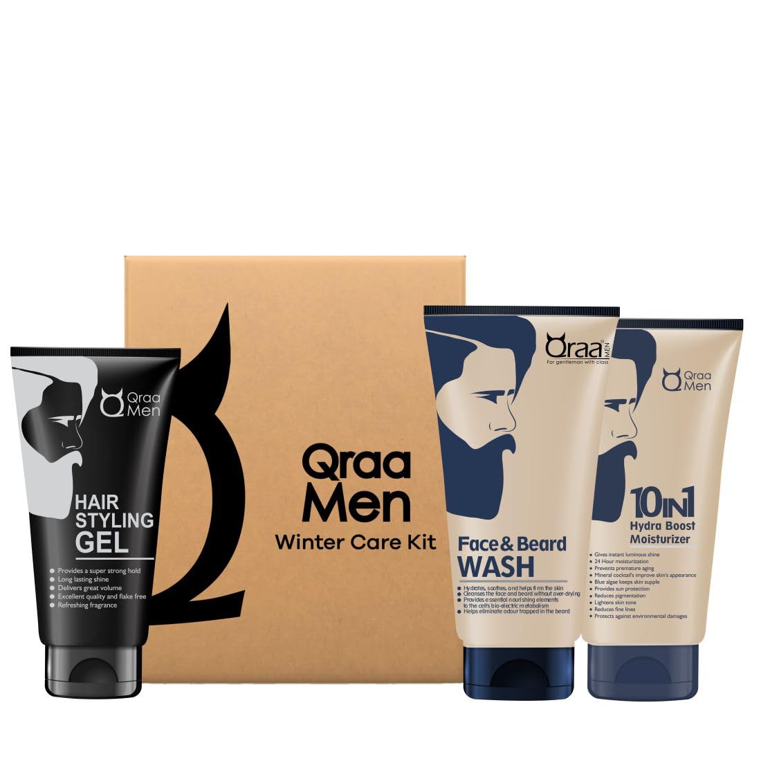 Qraa Men's Winter Skincare Gift Set - 3-Pack Face & Beard Wash, 10-in-1 Hydrating Moisturizer, Styling Gel (100g Each) for Glowing Skin | Perfect for Dry Winter Care & Grooming Routine | Great Holiday Gift for Men