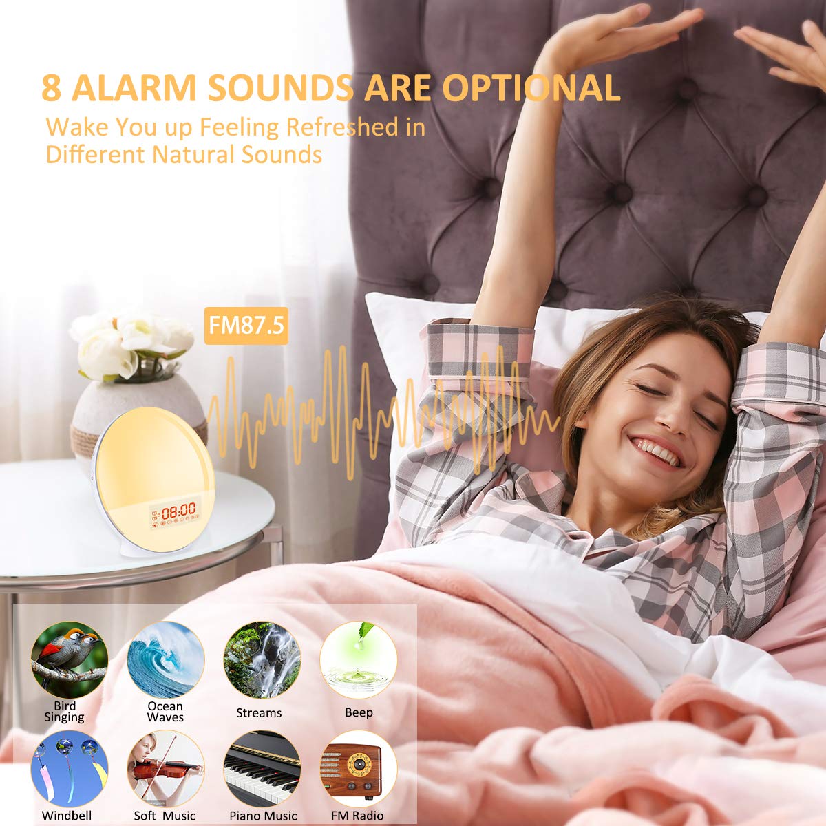 Natural Sunrise Simulation Alarm Clock - Dual Alarm, Sunset Fading, 7 Soothing Sounds, Color Changing Night Light & FM Radio | Perfect for Gentle Wake-Ups & Bedroom Relaxation