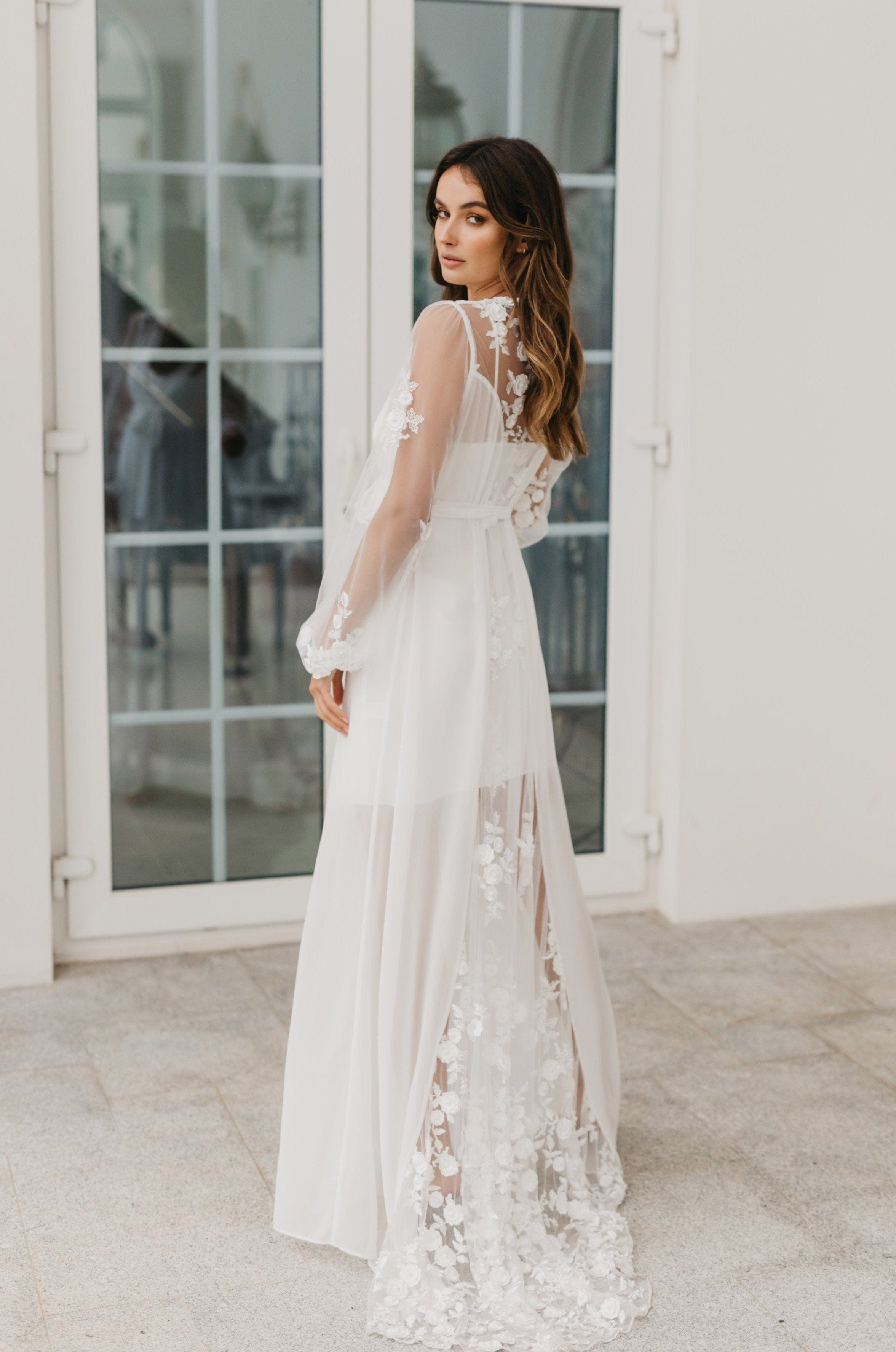 Amara Beaded Floral Lace Maxi Bridal Robe with Train & Slip - Elegant Wedding Gown for Bride, Bridesmaids & Photoshoots | Perfect for Ceremony, Reception & Honeymoon