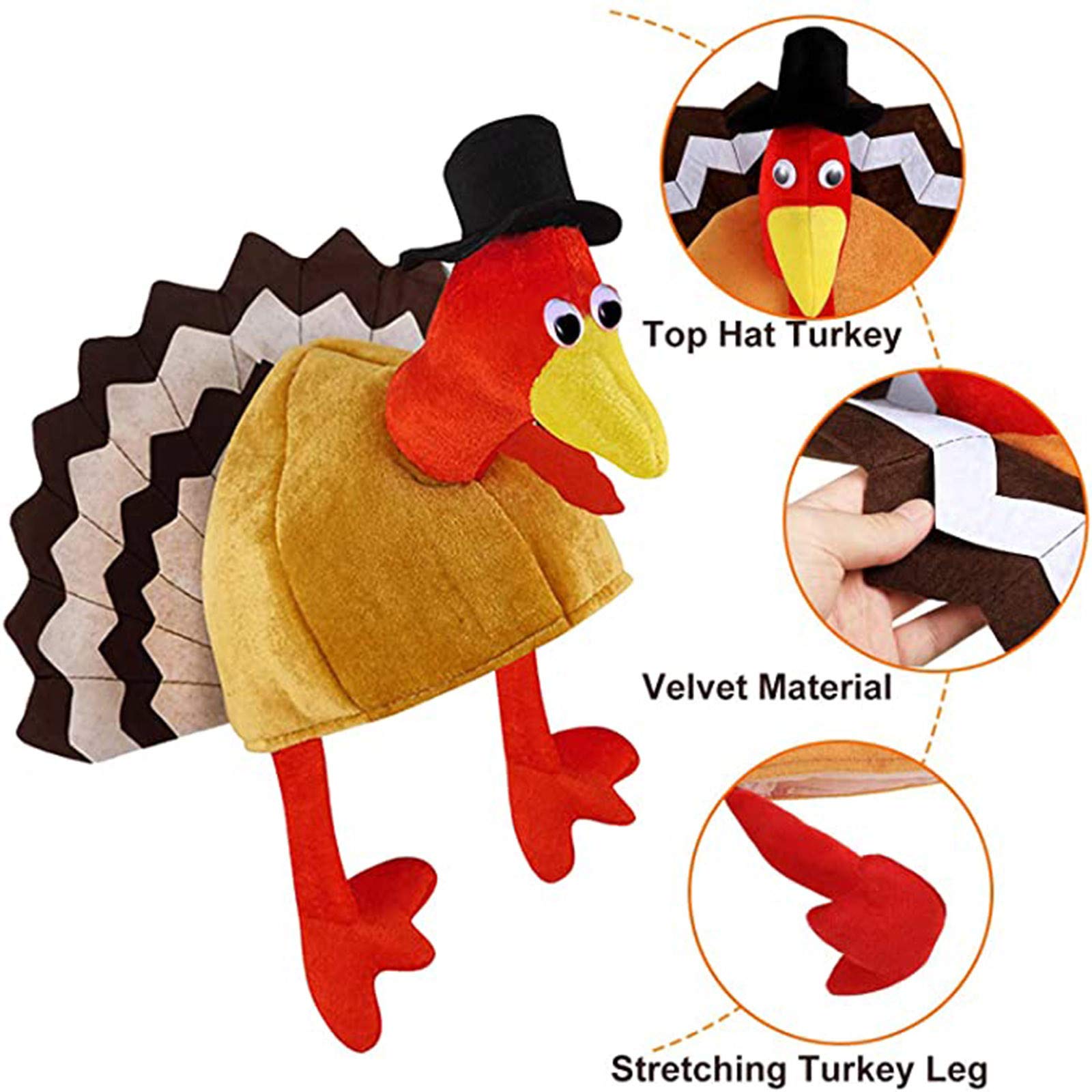 Soft Plush Thanksgiving Turkey Hat with Head, Legs & Tail - Fun Fancy Dress Costume Accessory for Thanksgiving Parties & Holiday Gatherings