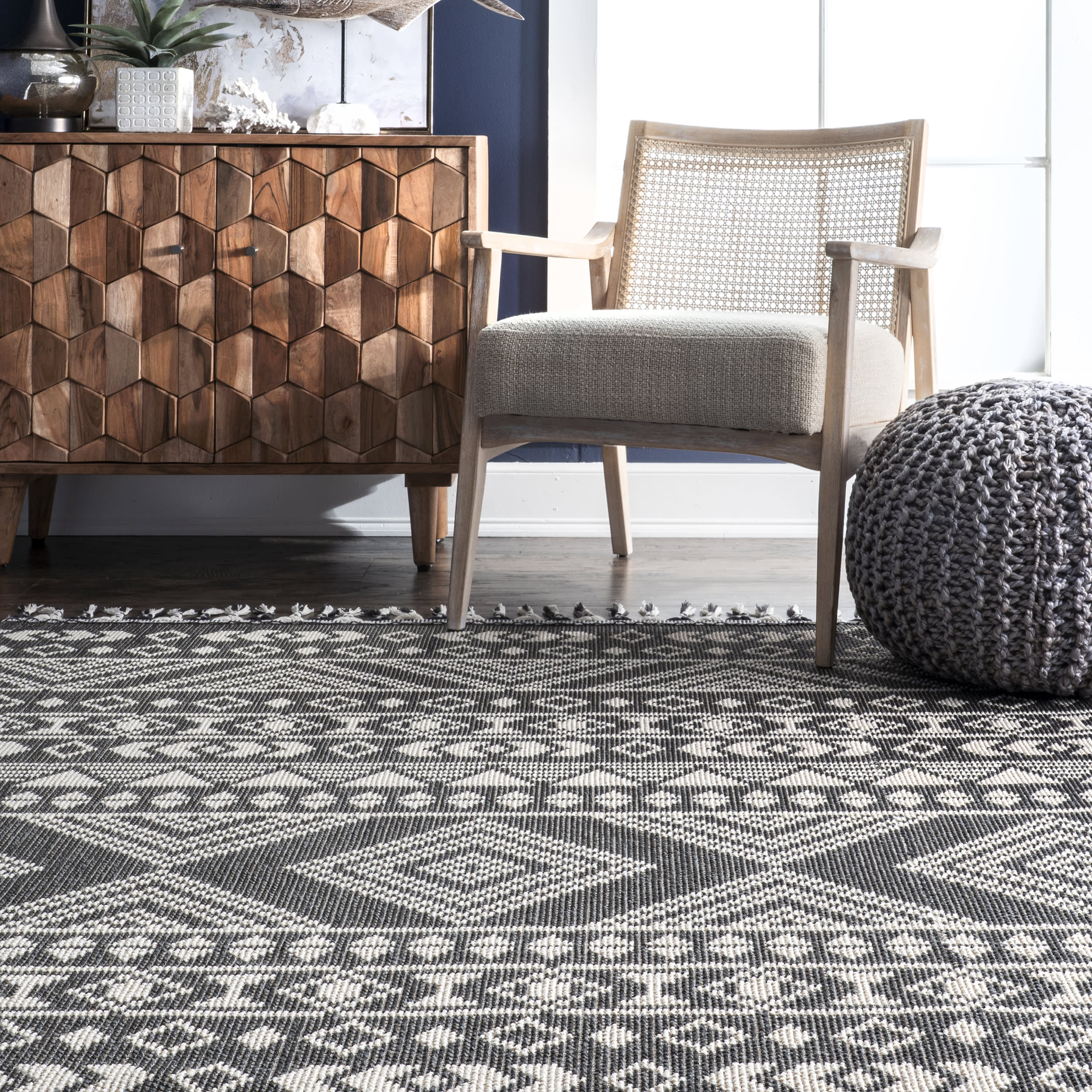 Handwoven Grey Banded Tribal Print Flatweave Area Rug - Boho Chic Home Decor for Living Room, Bedroom & Entryway