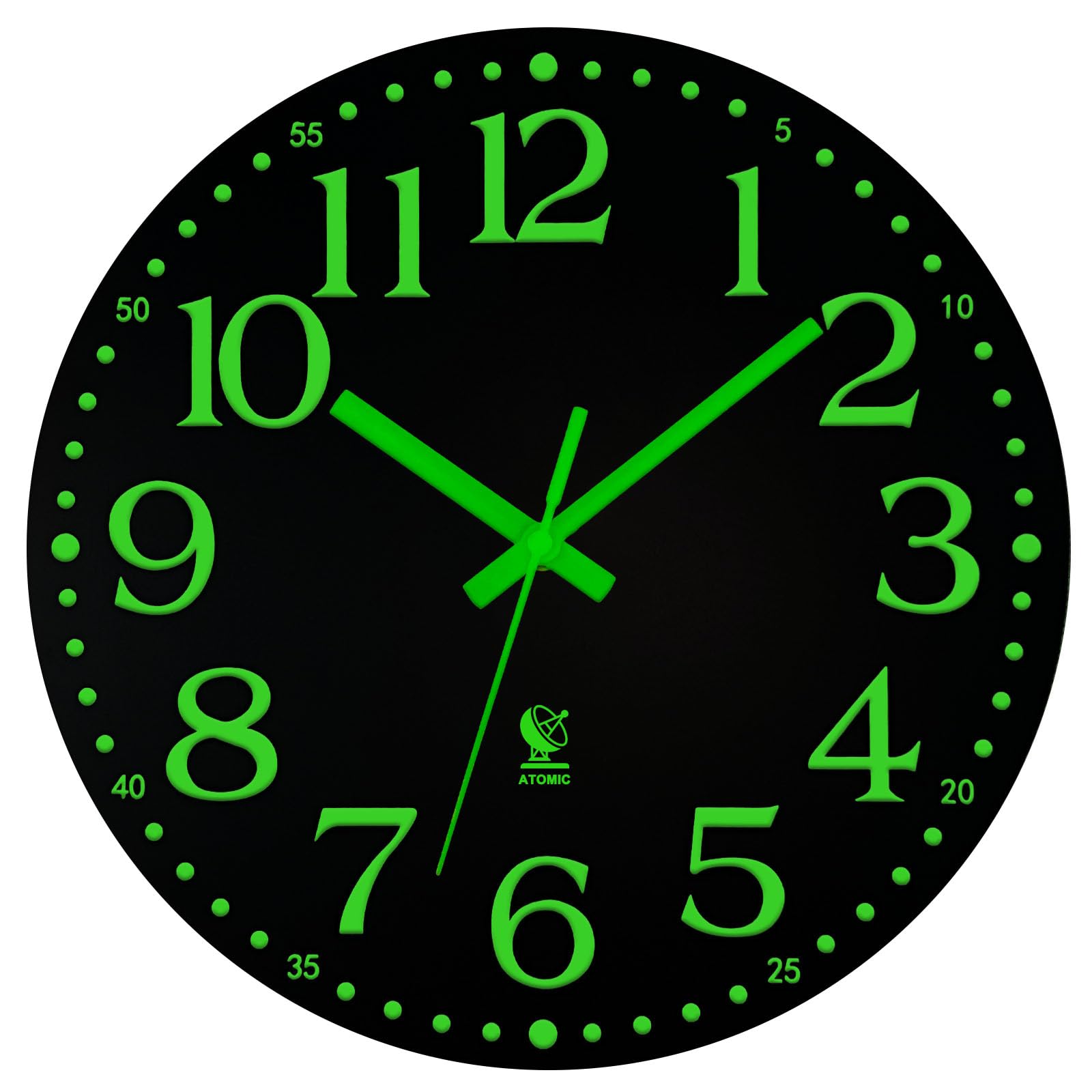 12 Inch Silent Atomic Wall Clock with Glow in Dark - Battery Operated, Radio Controlled, Auto Time Sync - Perfect for Living Room, Bedroom & Office Decor