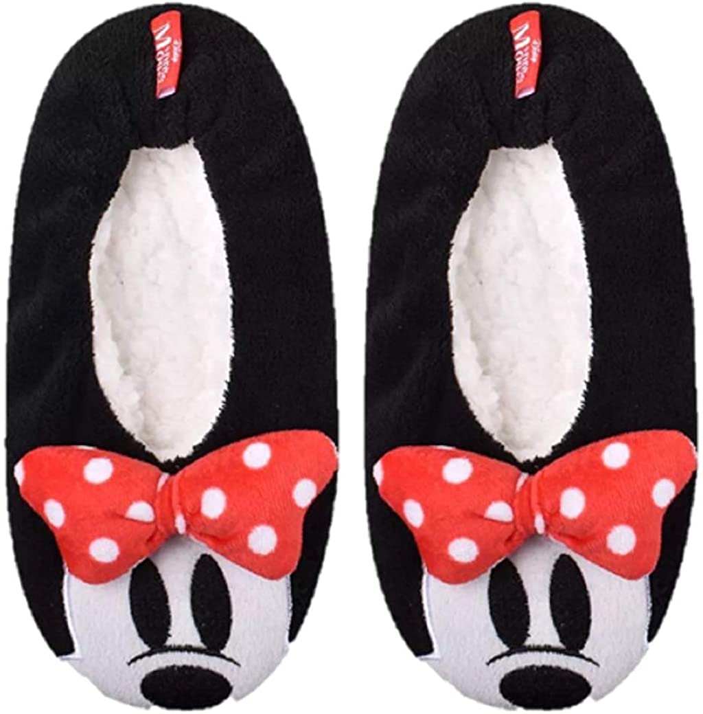 Disney Minnie Mouse & Mickey Mouse Women's Slipper Socks with Bow - Soft & Cozy Non-Slip House Shoes (Small/Medium) - Perfect for Lounge, Home, and Gift Giving
