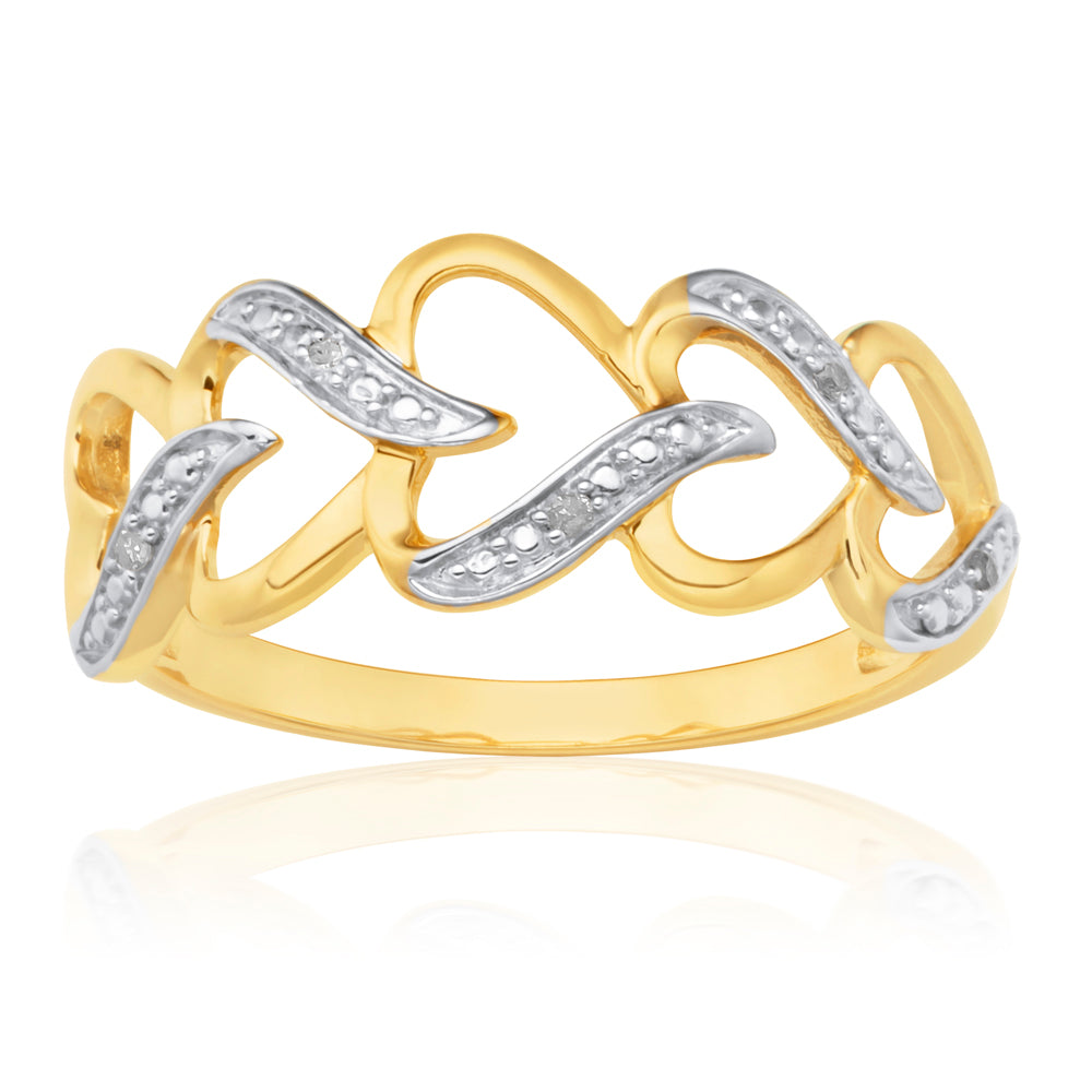 9ct Yellow Gold Interlocking Heart Diamond Ring with 5 Diamonds - Elegant Promise & Anniversary Jewelry Gift for Her