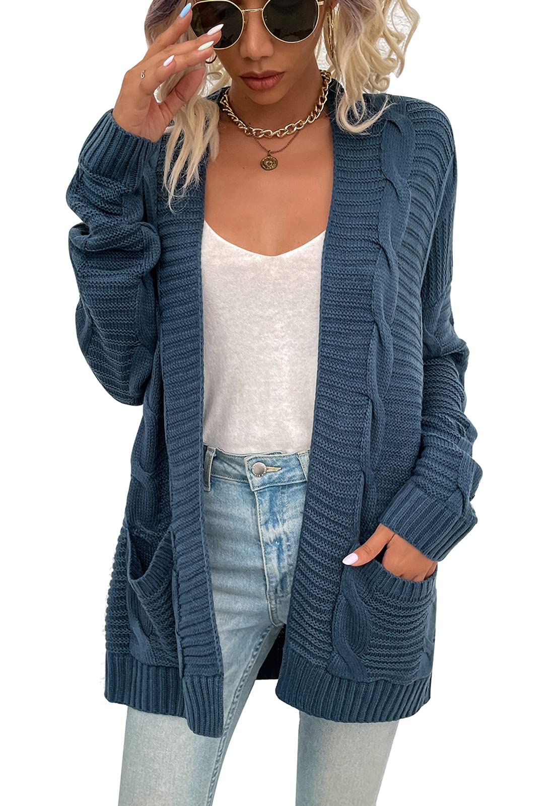 Women's Long Sleeve Cable Knit Cardigan Sweater - Comfortable Open Front Fall Outwear with Pockets | Perfect for Casual Wear, Office Outfits & Cozy Autumn Days