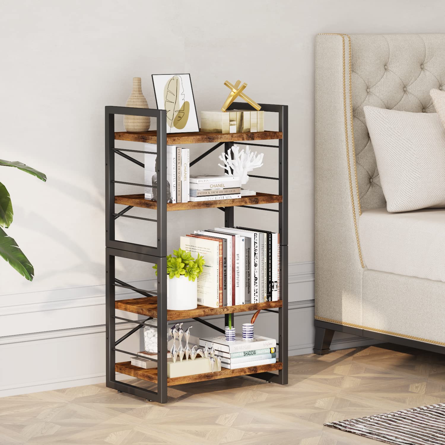 Industrial Rustic Bookshelf - 4 Tier Stackable Desk Hutch & Storage Organizer for Home Office, Dorm, Living Room & Bedroom (Adjustable, Rustic Black/Brown) - Perfect for Organizing Books, Decor & Office Supplies