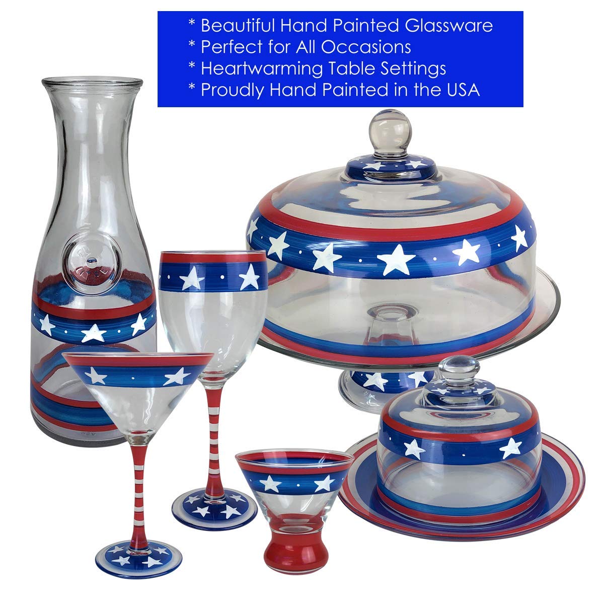 Hand Painted Patriotic Cake Stand with Glass Cover - July 4th Kitchen Decor | Unique American-Made Glassware for Weddings, Parties & Holiday Dessert Displays