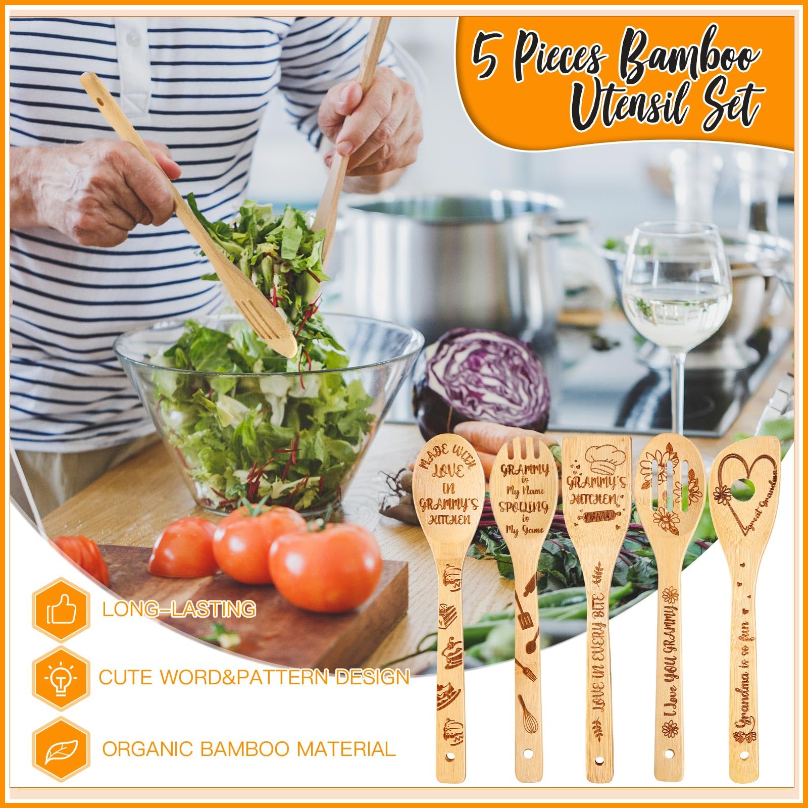 Gerrii 8-Piece Grammy Gift Set - Kitchen Towels, Dish Towels, Bamboo Cooking Spoons & Cutting Board - Perfect for Housewarming, Kitchen Decor & Grammy-Themed Gifts