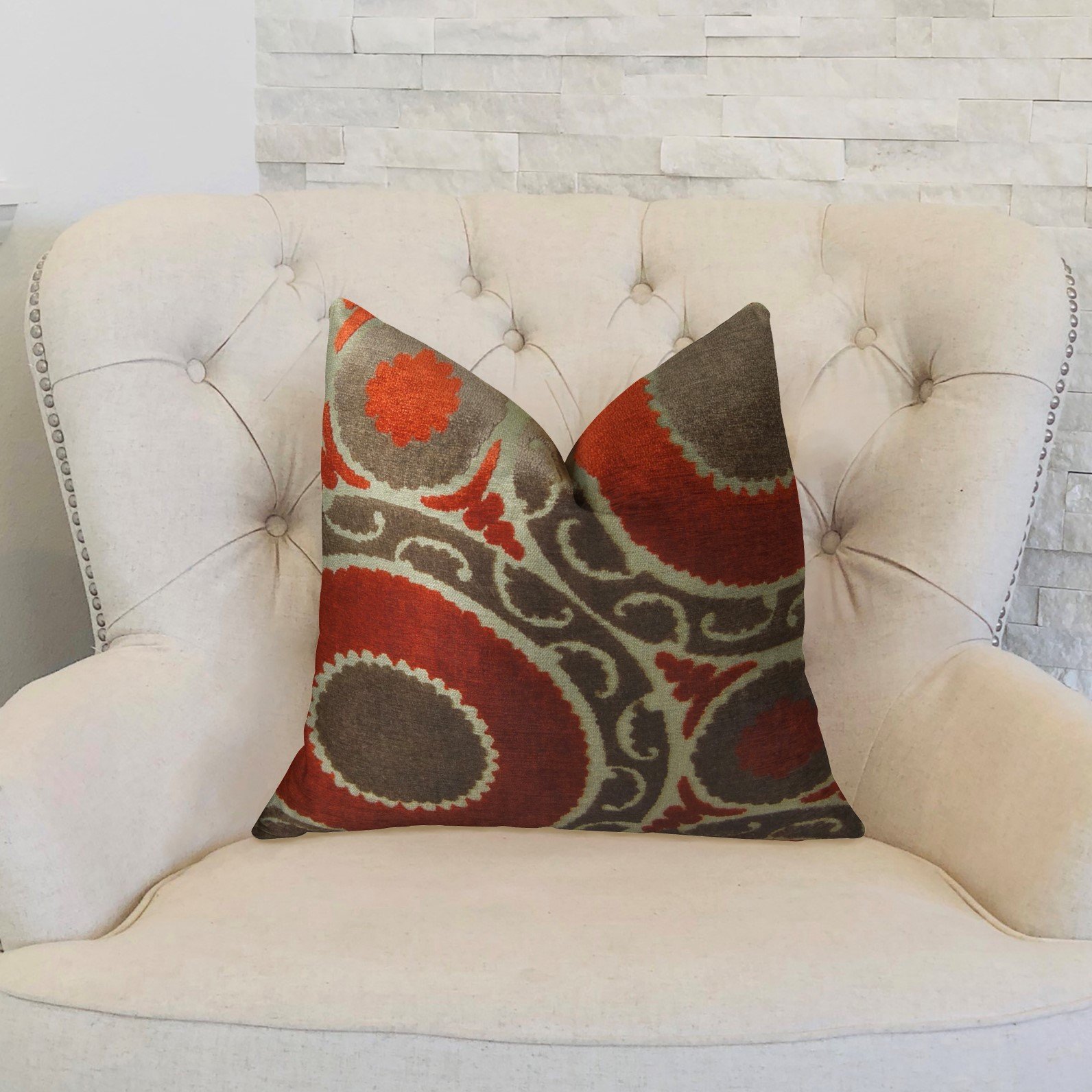 Plutus Pomegranate Handmade Decorative Throw Pillow 18x18 Inches - Red & Brown Cotton Cover for Sofa, Bed, Living Room - Bohemian Home Decor Accent