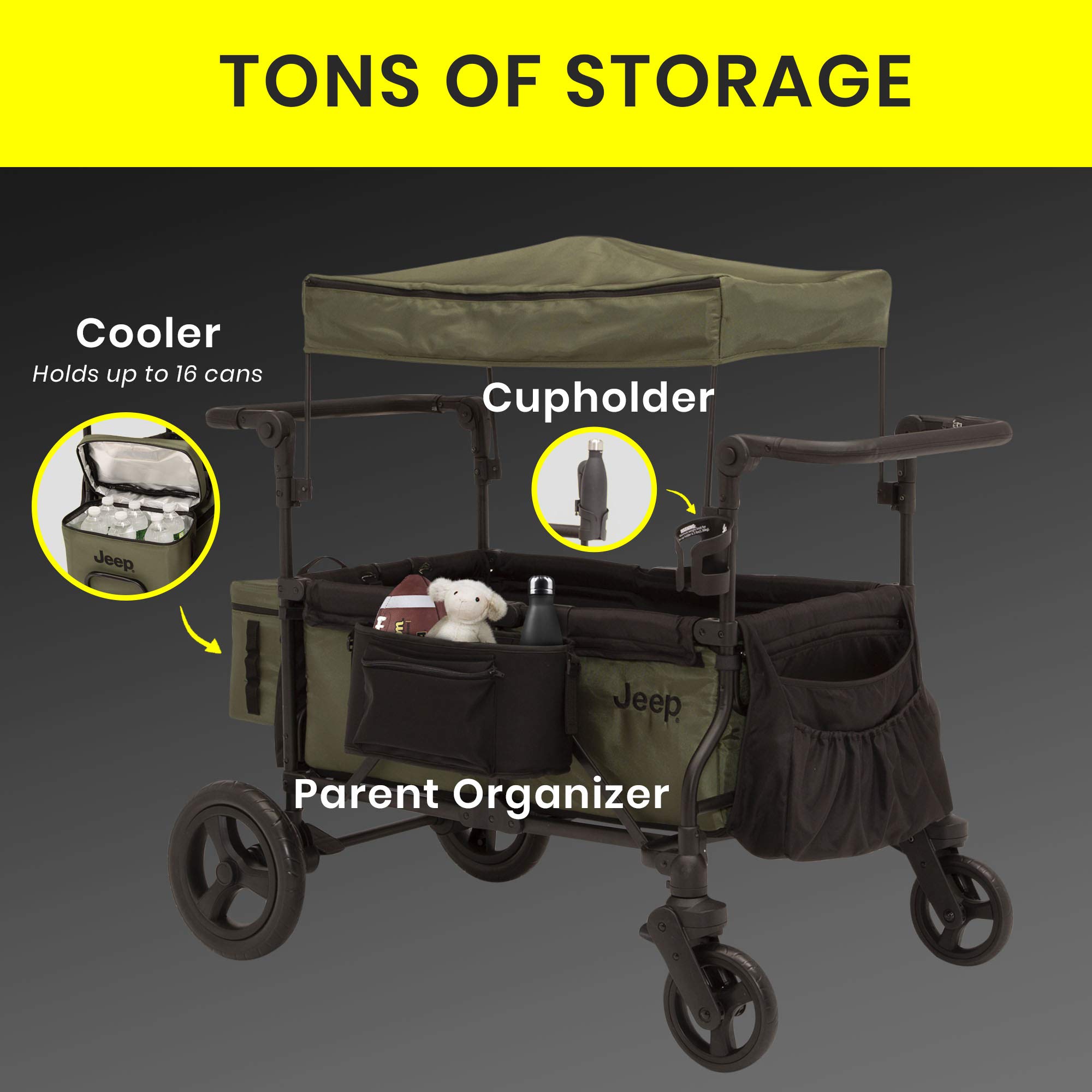 Delta Children Jeep Deluxe Wrangler Stroller Wagon with Cooler Bag & Parent Organizer - Black/Green - Perfect for Outdoor Adventures, Beach Trips, and Family Outings