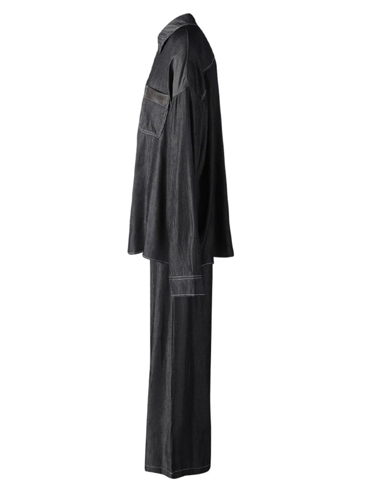 Big Size Gray Shirt & Wide Leg Pants Two-Piece Suit for Women - 2025 Fashion Trendy Lapel Long Sleeve Outfit (CPG3103) | Perfect for Office Wear, Spring/Autumn Fashion & Casual Chic Looks