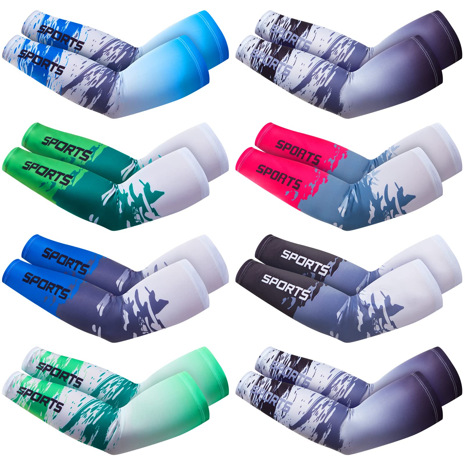 UV Protection Arm Sleeves - 8 Pairs Cooling Compression Sleeves for Men & Women | Sunblock Arm Covers for Outdoor Sports, Running, Cycling & Driving