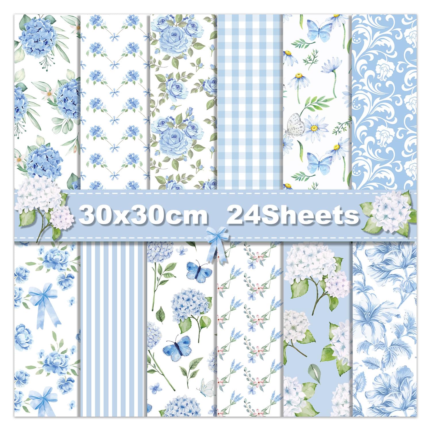 WLXTREE Blue Floral Scrapbook Paper - 24 Sheets Double Sided Light Blue Hydrangea Patterned Cardstock for Card Making, Photo Albums, Journals & DIY Crafts | Perfect for Scrapbooking, Invitations, Gift Wrapping & Home Decor