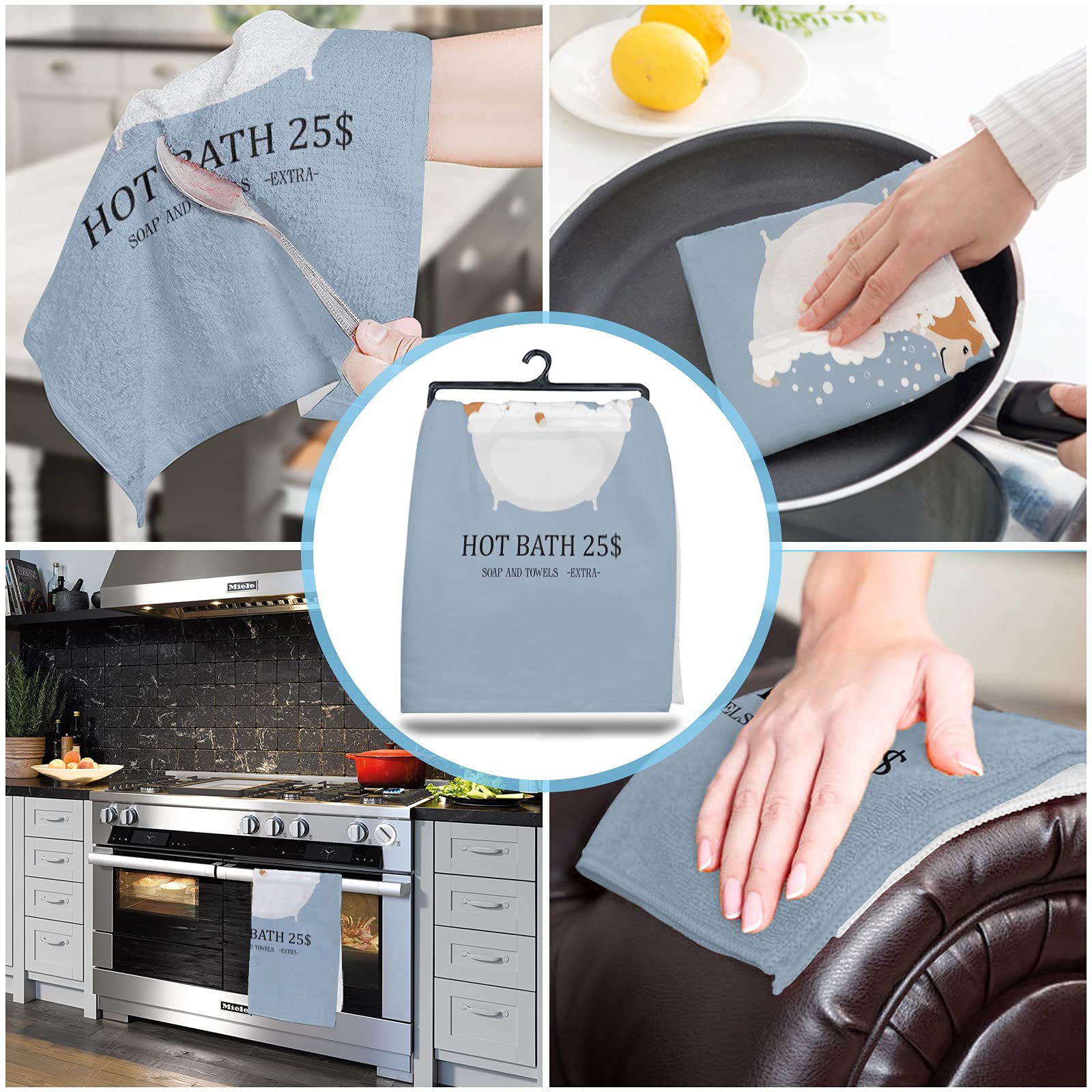 Premium Absorbent Dish Towels for Kitchen - Cute Akita Cartoon Bathtub Bubbles Design with Hanging Loop, 18