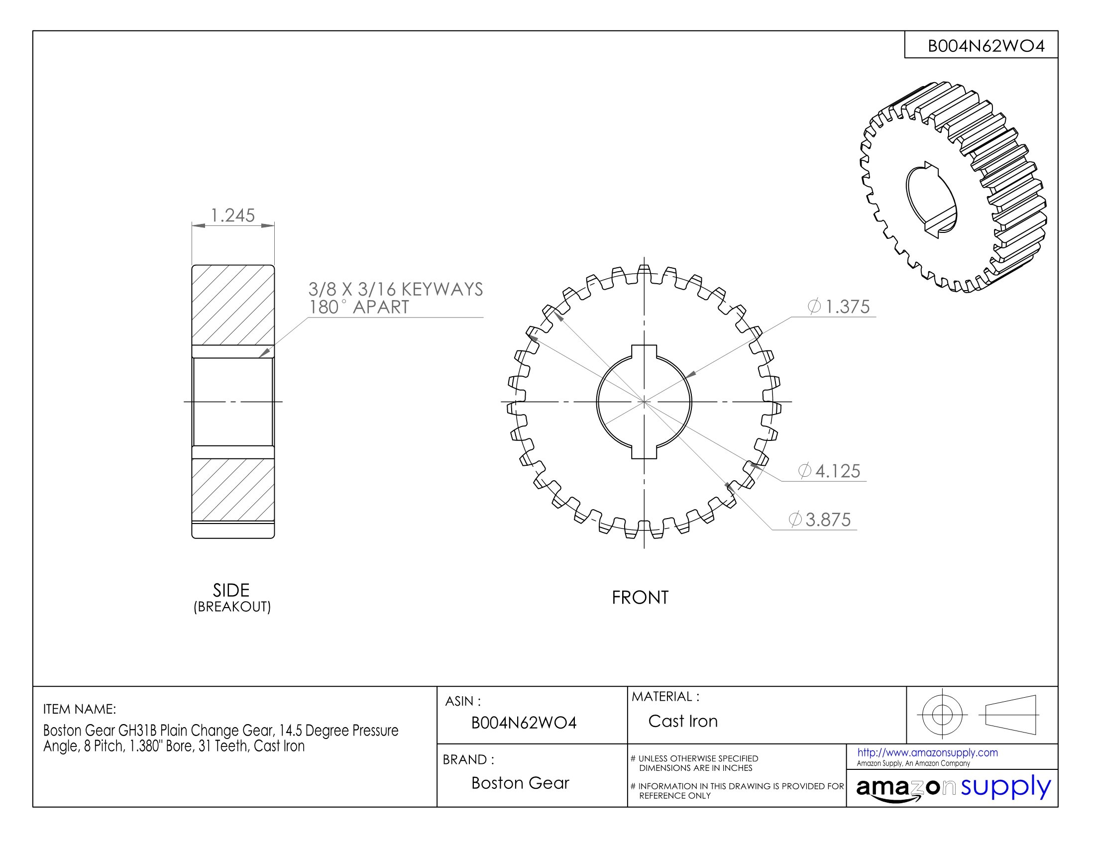 GH31B Plain Change Gear - 14.5° Pressure Angle, 8 Pitch, 1.380