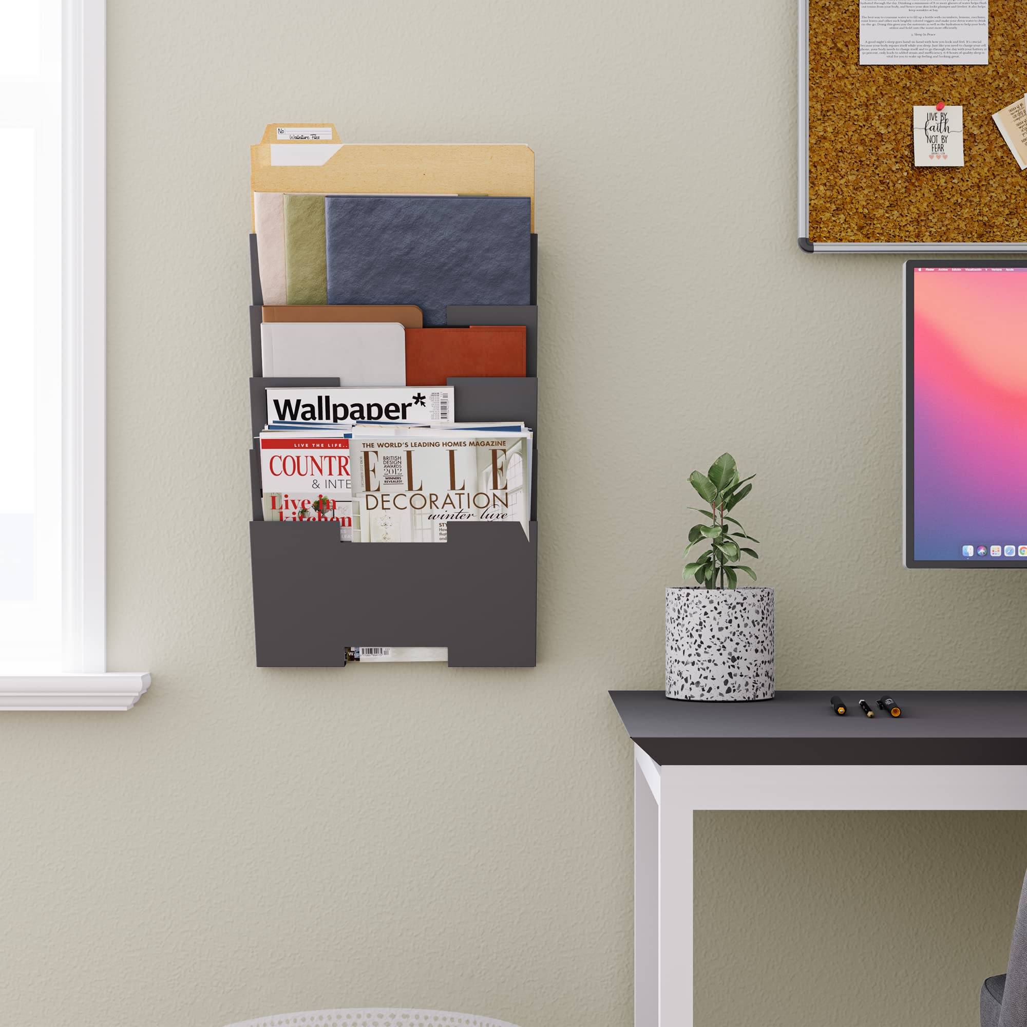 Wallniture Lisbon 5-Tier Metal Wall File Organizer - Letter Size File Holder, Magazine Rack & Office Decor in Gray - Perfect for Home Office Organization & Stylish Workspace Storage