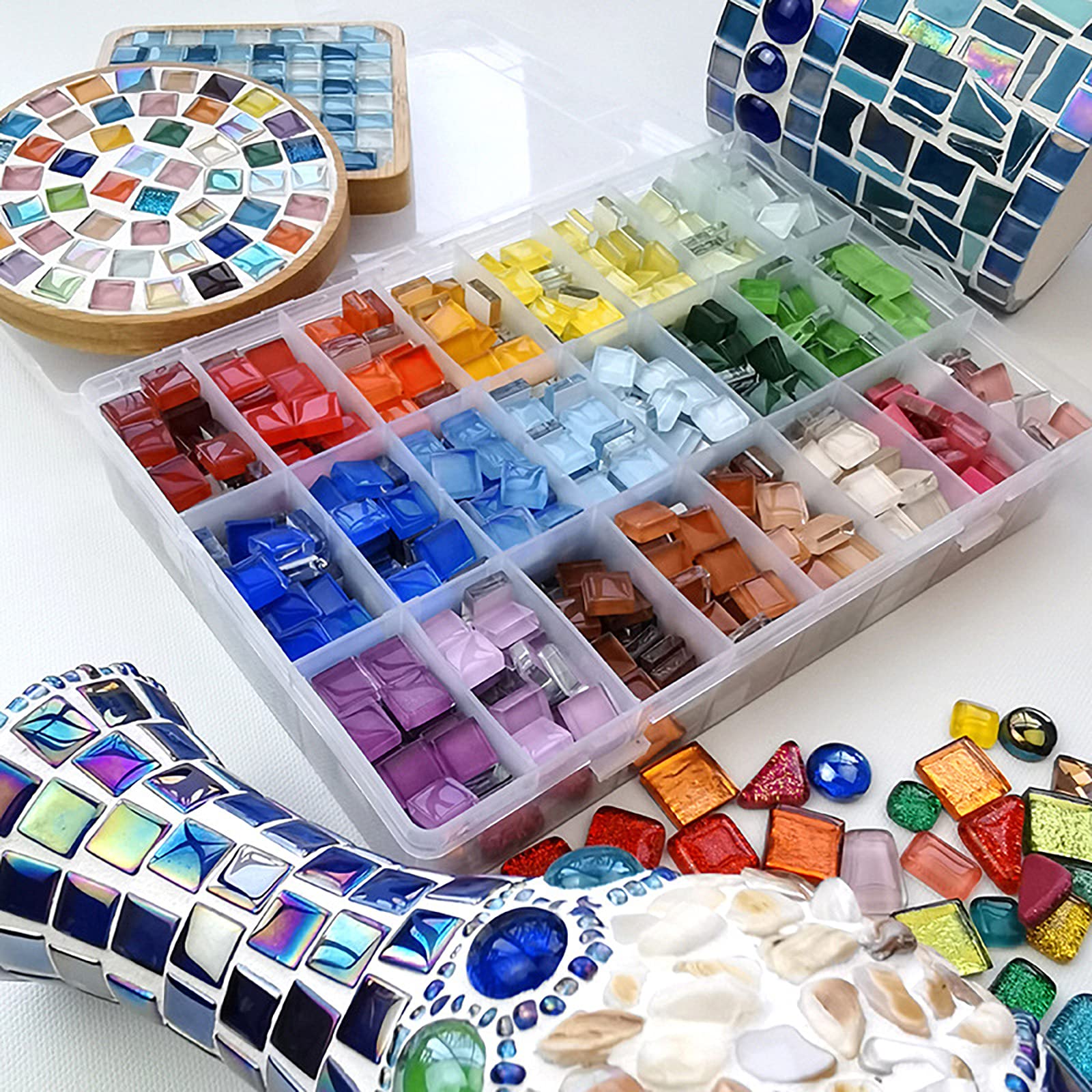 220-Piece Light Blue Mosaic Tiles - 1x1cm Square Illusion Crystal Tiles for DIY Crafts, Home Decor, Picture Frames, Flower Pots & Plates - 200g Pack (Perfect for Scrapbooking, Jewelry Making & Wall Art Projects)