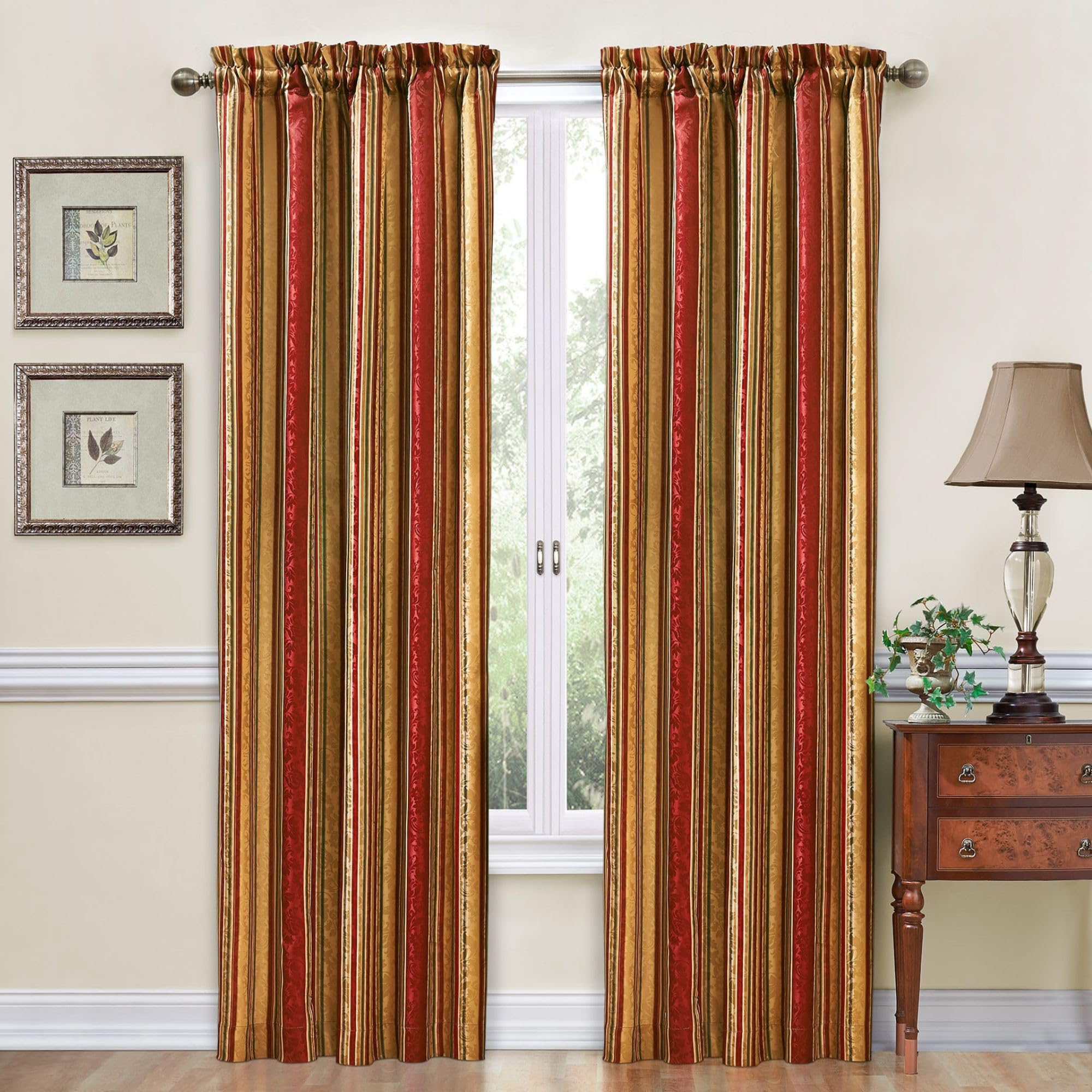 Waverly Traditions Stripe Rod Pocket Curtains - 52x84 Inch Single Panel Window Drapes in Crimson Red for Bedroom, Kitchen & Living Room - Elegant Home Decor for Light Filtering & Privacy