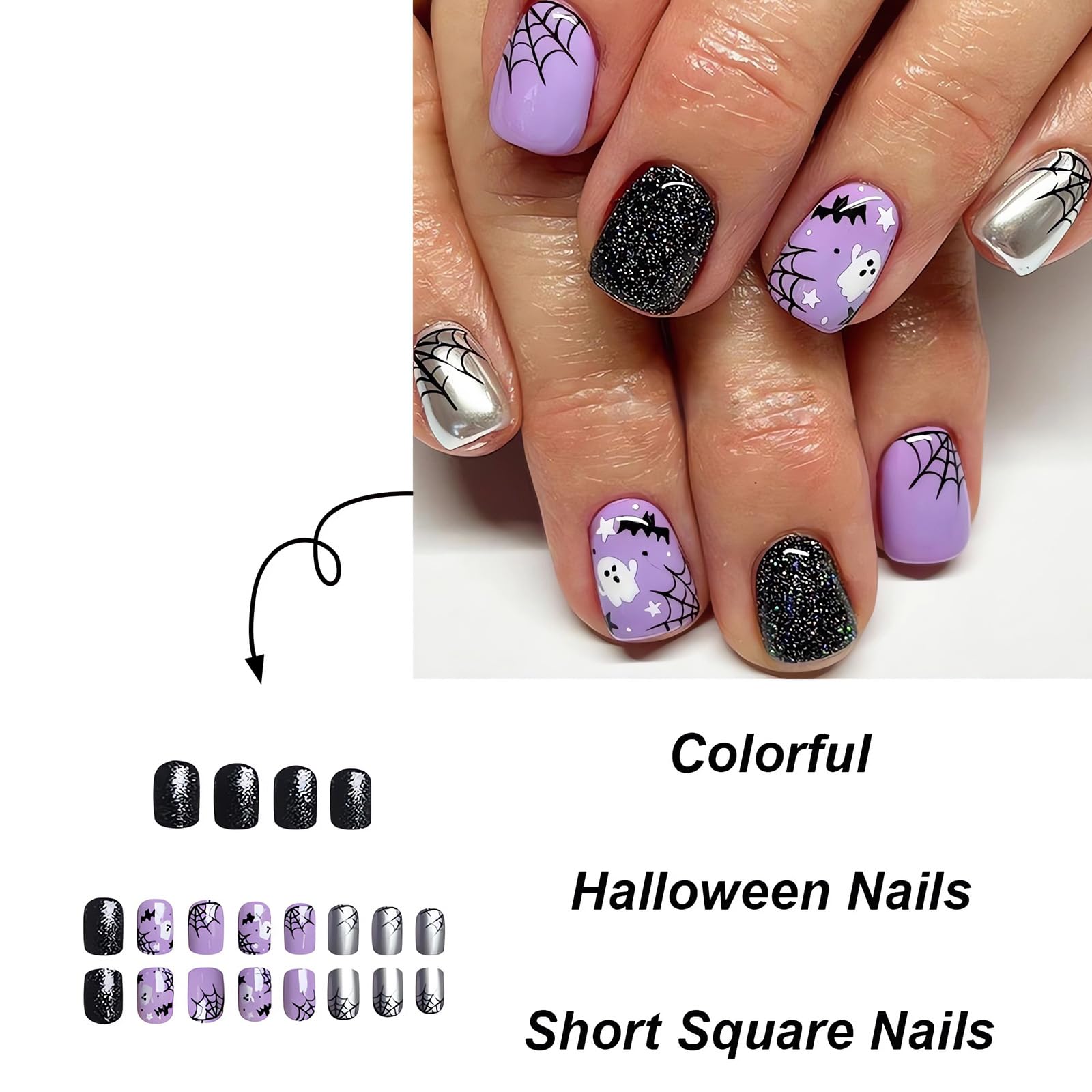 24Pcs Halloween Press On Nails Short Square - Black Purple Fake Nails with Ghost Bat Spider Web Designs | Full Cover Glue On Nails for Women | Perfect for Halloween Parties, Costume Events & Nail Decorations