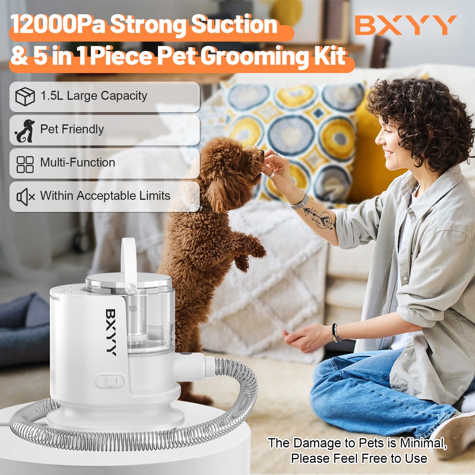 Pet Grooming Vacuum for Dogs - 12000Pa Powerful Pet Hair Vacuum Groomer with 1.5L Capacity, 99% Effective Dog Shedding Brush - Perfect for Home Grooming & House Cleaning