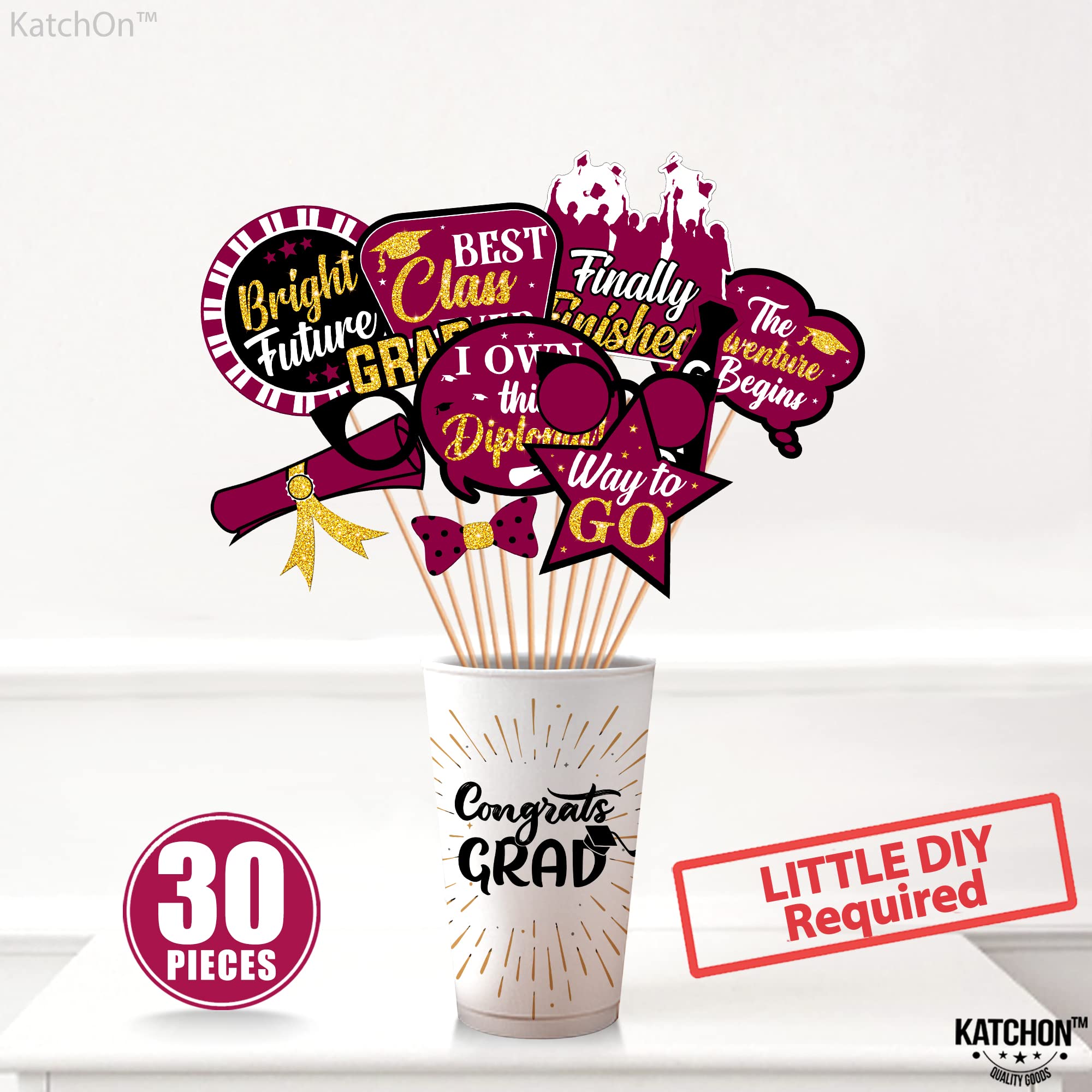 KatchOn 30-Pack Glitter Graduation Photo Booth Props 2025 - Maroon & Gold Graduation Decorations for Class of 2025 | Perfect for Graduation Parties, Photo Booths & School Celebrations