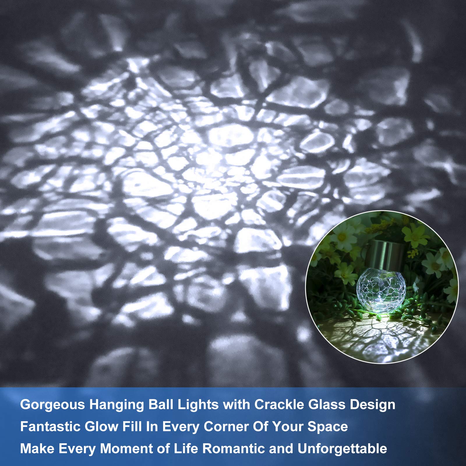 12 Pack Solar Powered Outdoor Hanging Lights - Waterproof Crackle Glass Ball String Lights with Hooks for Garden, Patio, Balcony & Christmas Decor (Daylight White) | Perfect for Backyard Parties, Wedding Decorations & Holiday Lighting