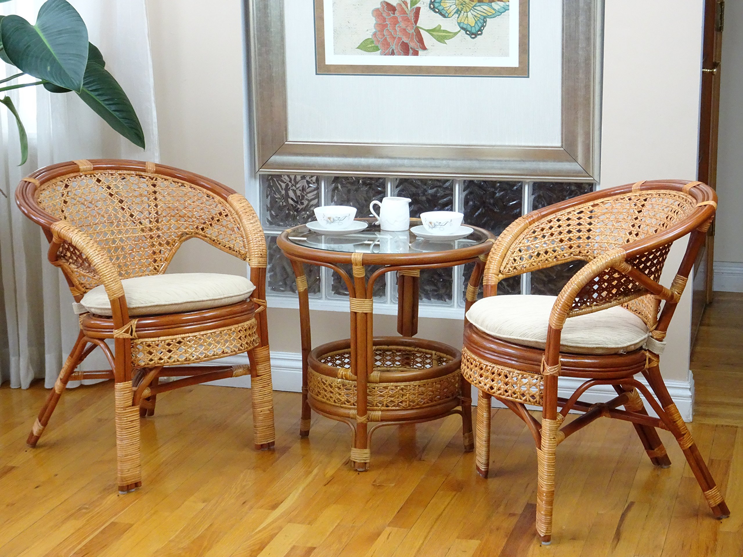 Pelangi Rattan Wicker 2-Piece Patio Set - Woven Chair with Cushions & Round Coffee Table with Glass Top - Colonial Style Outdoor Furniture for Garden, Balcony or Poolside Relaxation
