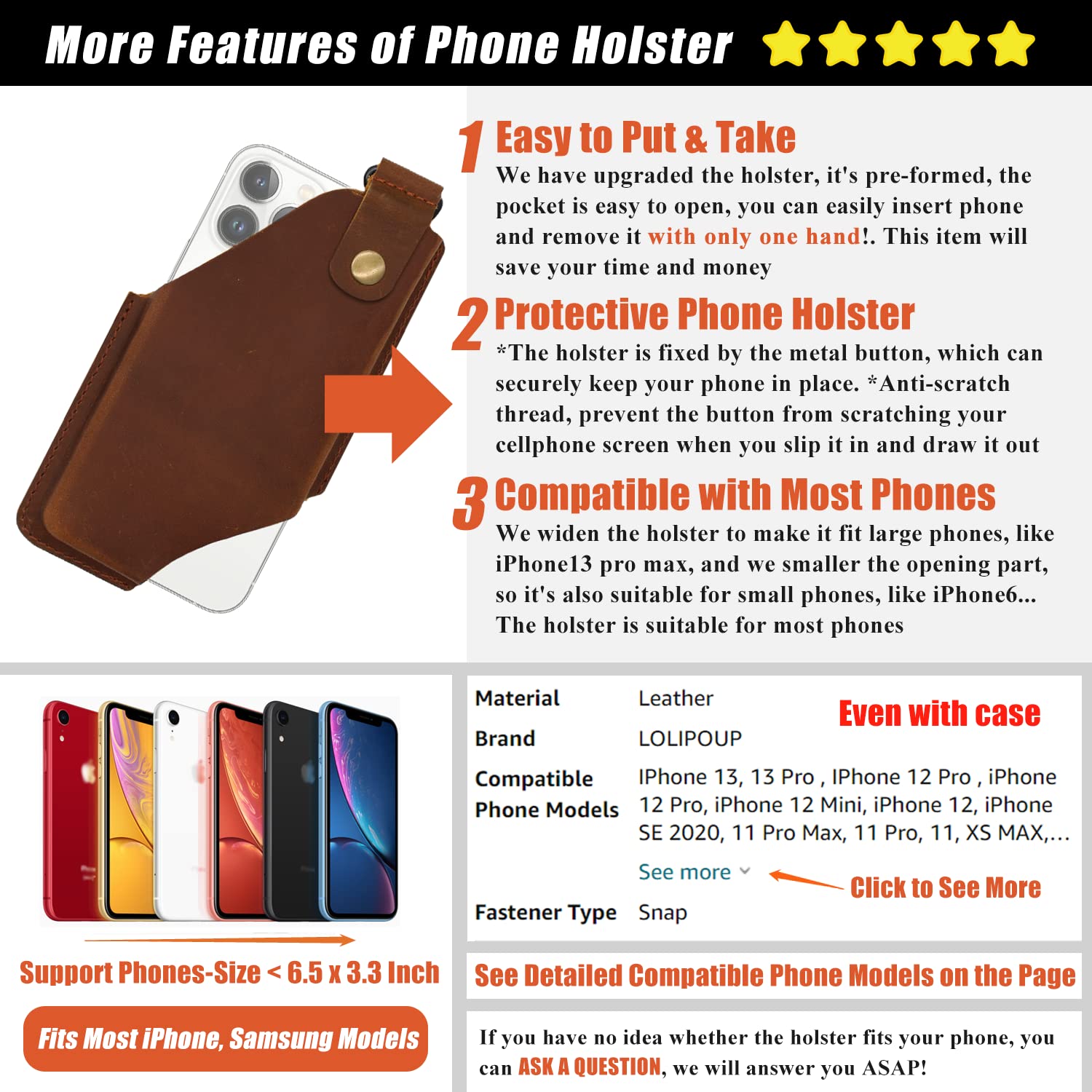 Men's Leather Cell Phone Holster Belt Pouch - Adjustable Phone Holder with Clip Ring for iPhone & Android (Brown) - Perfect Gift for Dad, Husband, Boyfriend - Ideal for Work, Travel & Outdoor Activities