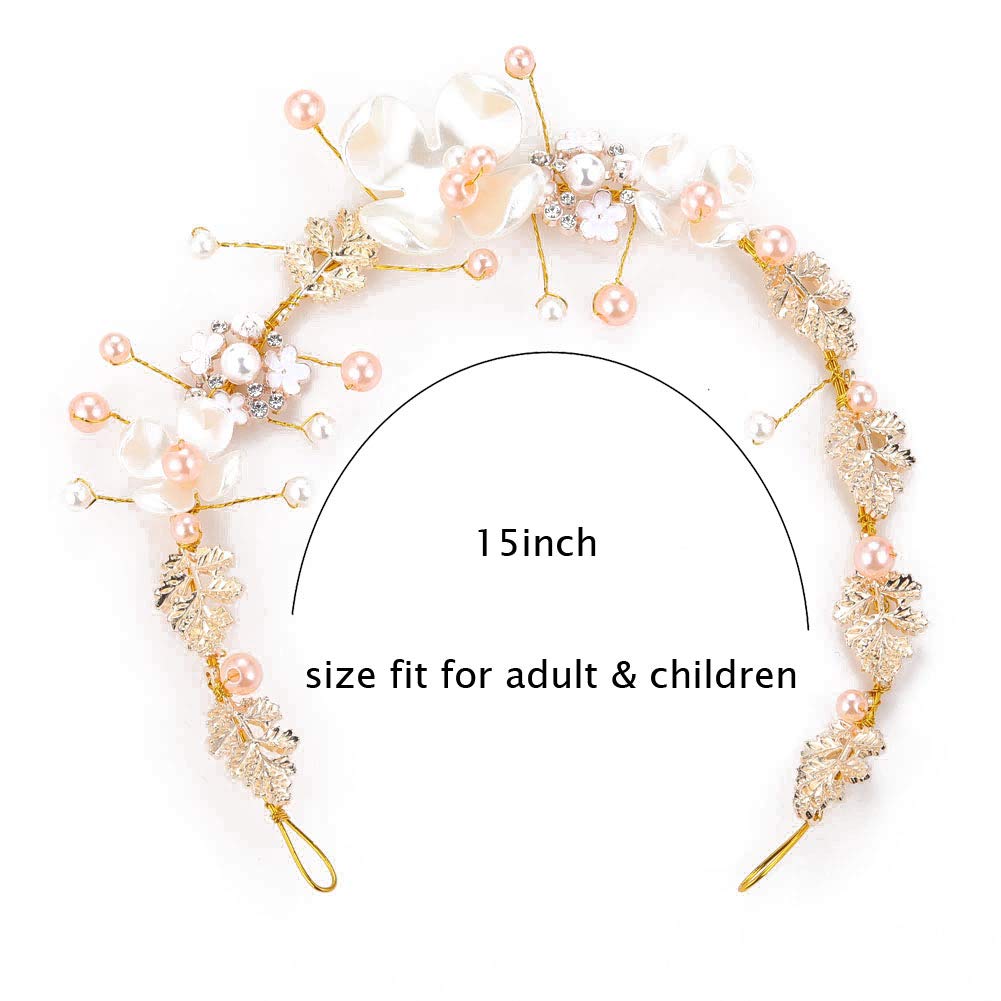 PRDGIRL Floral Pearl Tiara Headband for Girls & Women - Gold Wedding Hair Accessories for Flower Girls, Bridesmaids, First Communion, Princess & Bridal Events - Elegant Headpiece for Special Occasions