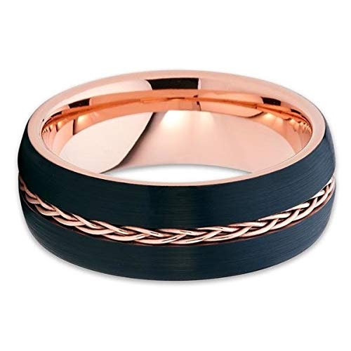 Rose Gold Tungsten Wedding Band - 8MM Black Tungsten Carbide Ring with 18k Rose Gold Braid Design - Unique Comfort Fit Engagement & Anniversary Ring for Men & Women - Perfect for Weddings, Proposals & Special Occasions