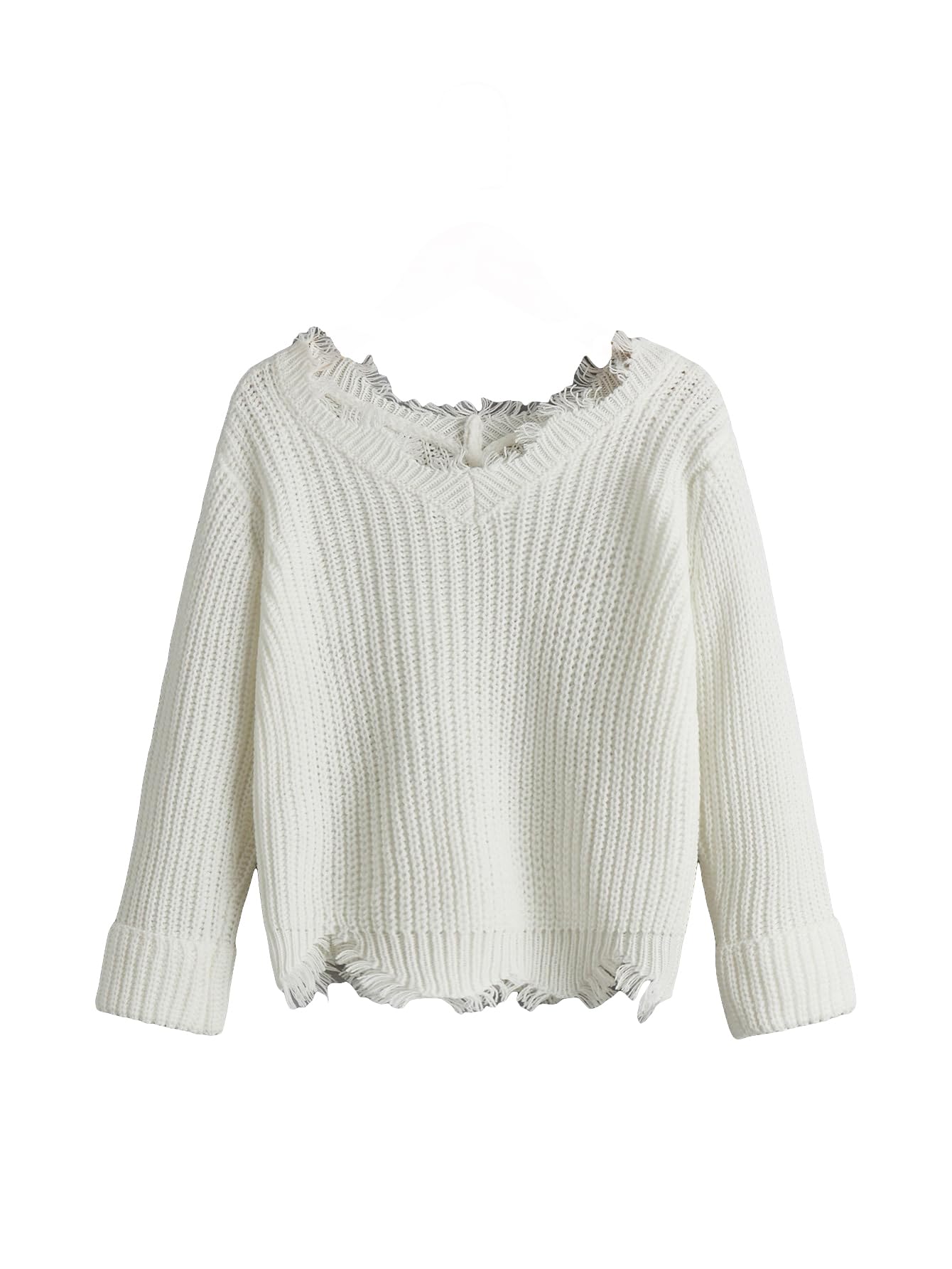 Verdusa Girls' Raw Trim Sweaters - Ripped Long Sleeve V Neck Knit Pullover Top for Teens | Casual Winter Wear, School Outfits & Street Style Fashion
