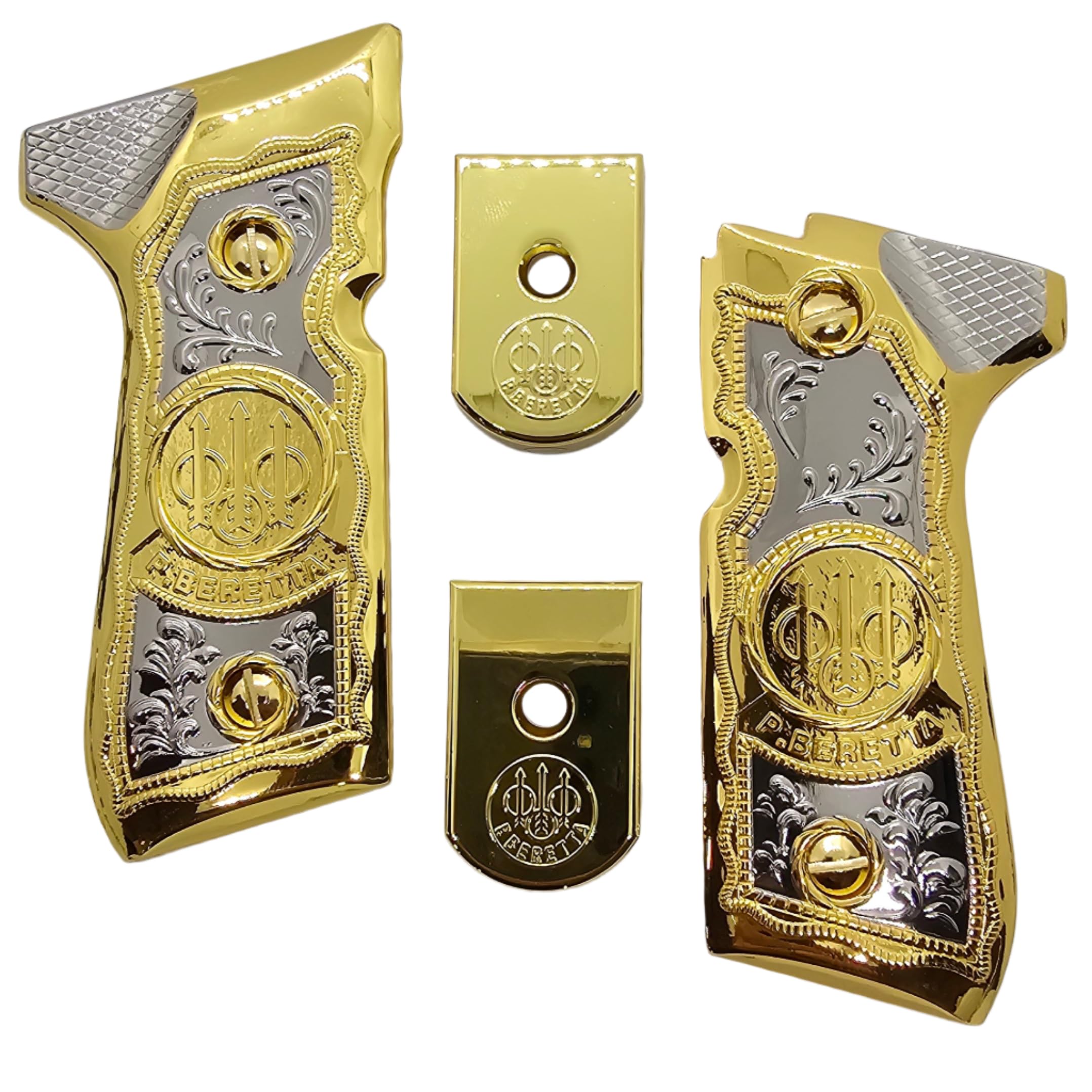 Premium Beretta 92/96 Combo Grips & Magazine Floor Plates - Nickel/Gold-Plated for 92F, 92FS, M9 & 96 Models | Enhanced Grip & Magazine Base | Perfect for Target Shooting, Competition & Concealed Carry