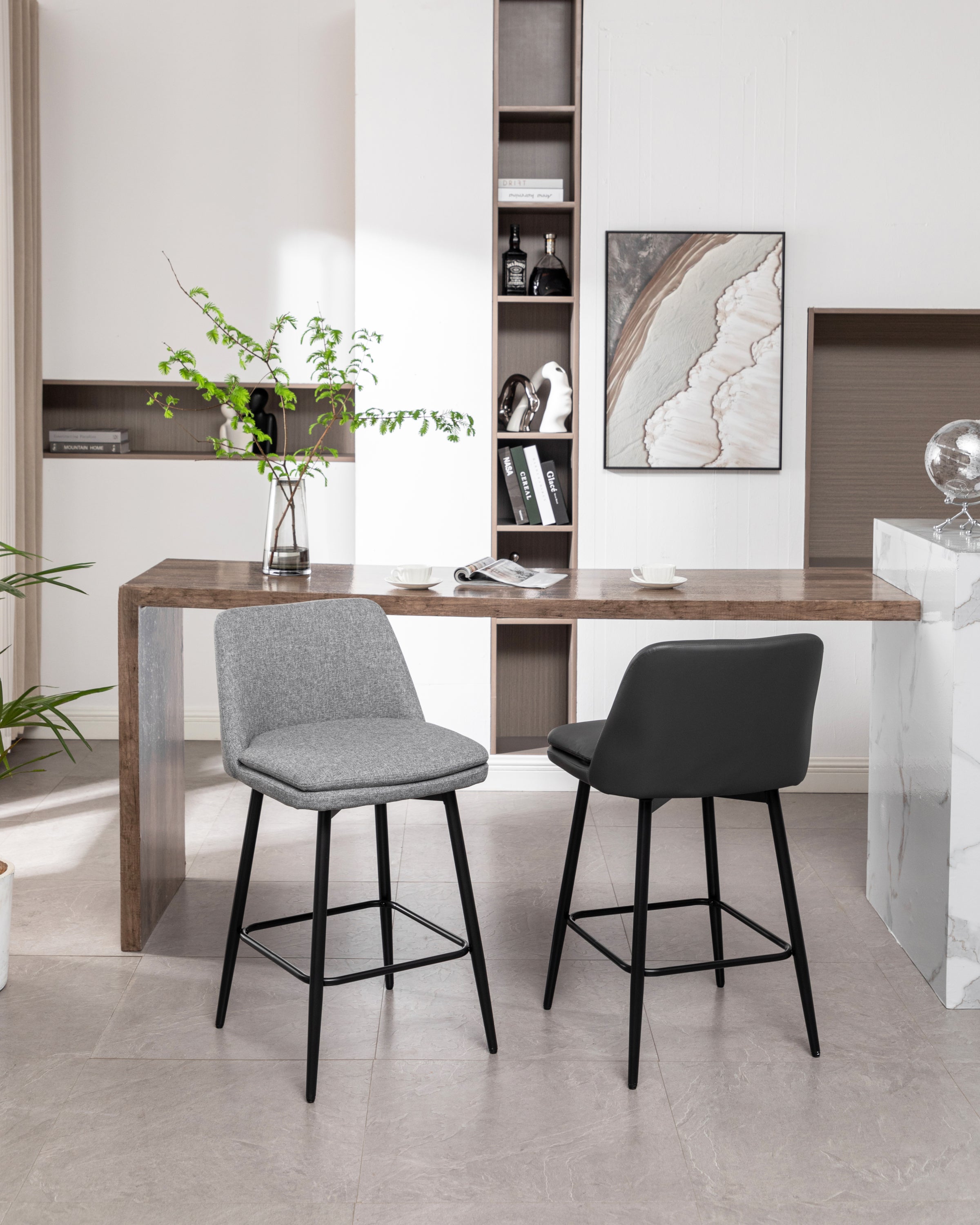 360° Swivel Counter Height Bar Stools Set of 2 - Upholstered with Back Support & Sturdy Metal Legs, 25.6
