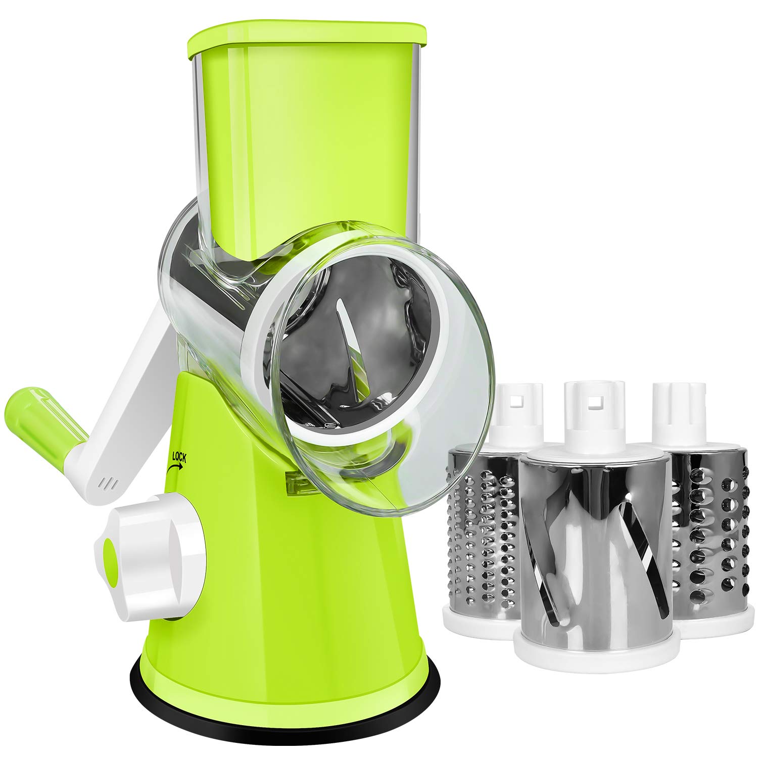 Premium Rotary Cheese Grater - 3 Interchangeable Stainless Steel Blades for Effortless Shredding | Perfect for Cheese, Vegetables, Nuts & Fruits | Easy to Clean Kitchen Gadget (Green) - Ideal for Meal Prep, Pizza Topping & Salad Making
