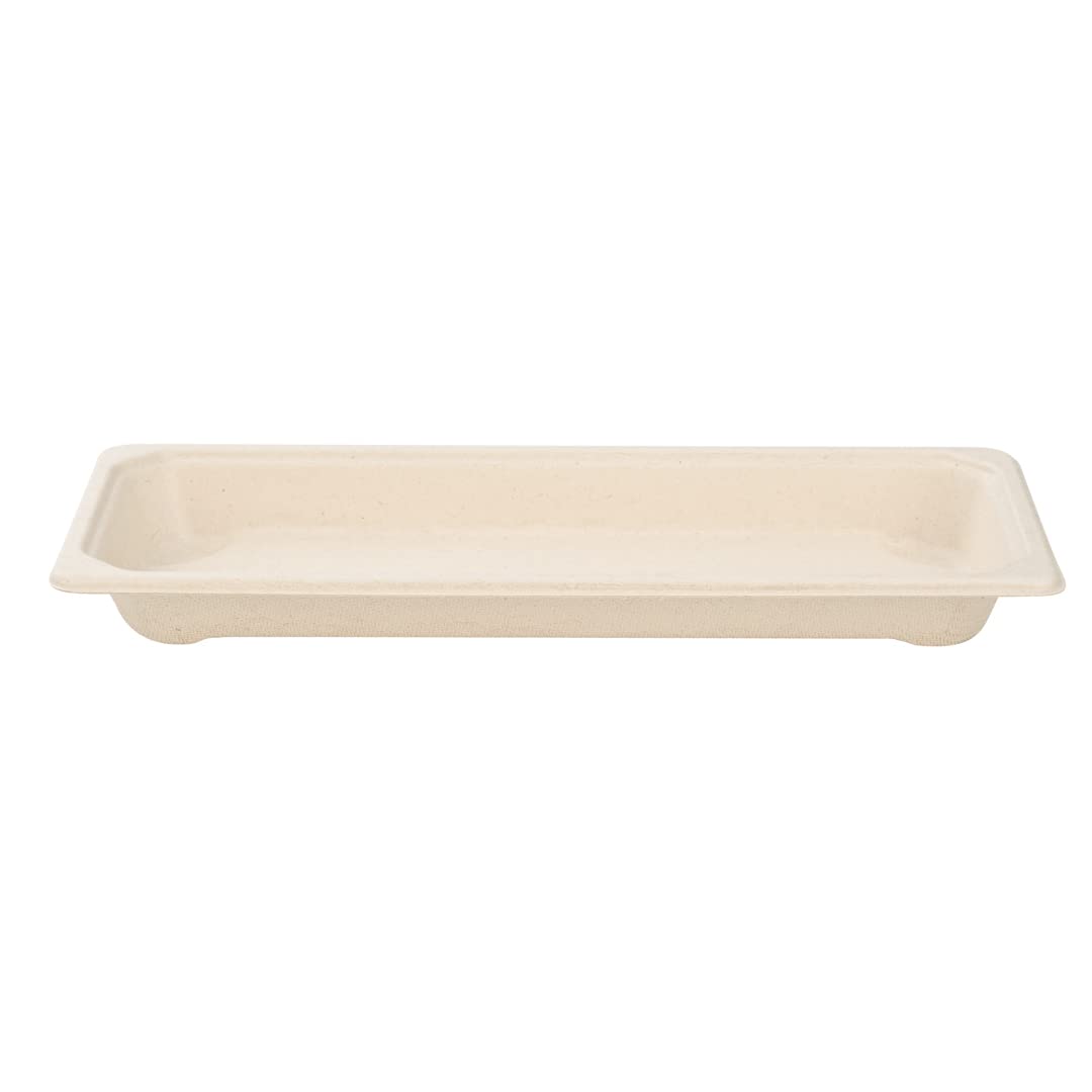 Eco-Friendly 8.7 x 3.5 Inch Microwavable Bagasse Sushi Trays - 100-Pack Sugarcane Fiber Dishes, Freezer Safe (Lids Sold Separately) | Perfect for Restaurants, Catering & Home Sushi Parties