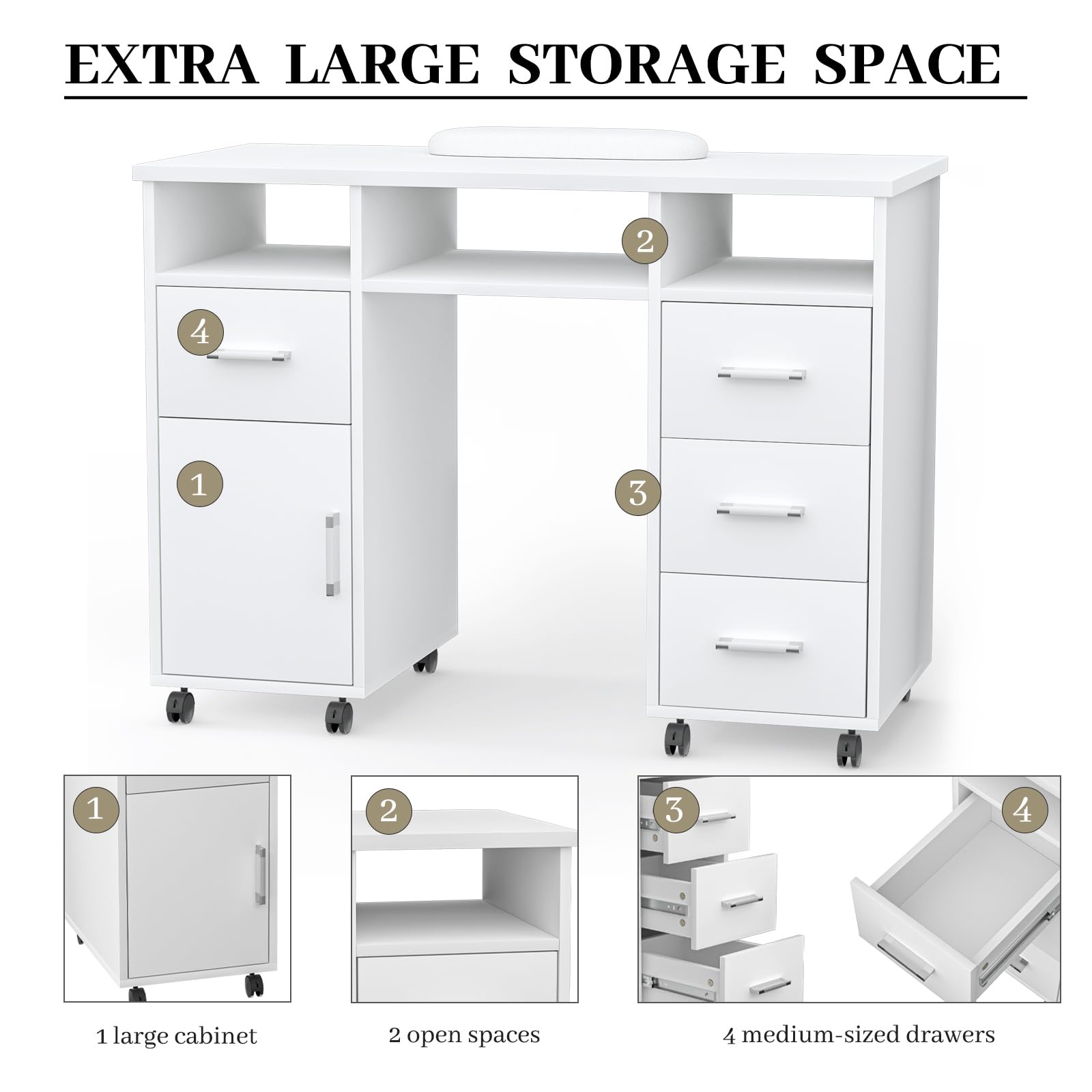 Professional Nail Tech Table with Lockable Wheels - Acetone Resistant Manicure Station with 4 Drawers, 1 Cabinet & 3 Open Storage - Portable Nail Salon Desk for Home & Professional Use (White) - Perfect for Nail Artists, Salons & Mobile Services