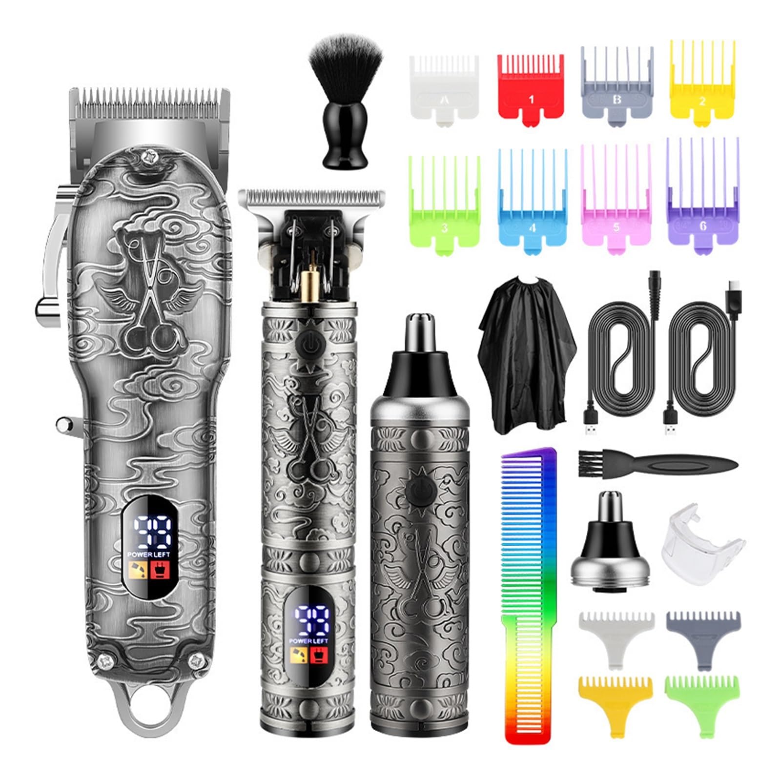 Professional Electric Barber Razor Set - Push & Shear Clipper with Oil, Nose Hair Trimmer & Carving Pusher - Bronze Gift Box for Men's Grooming | Perfect for Home Haircuts, Beard Trimming & Personal Care