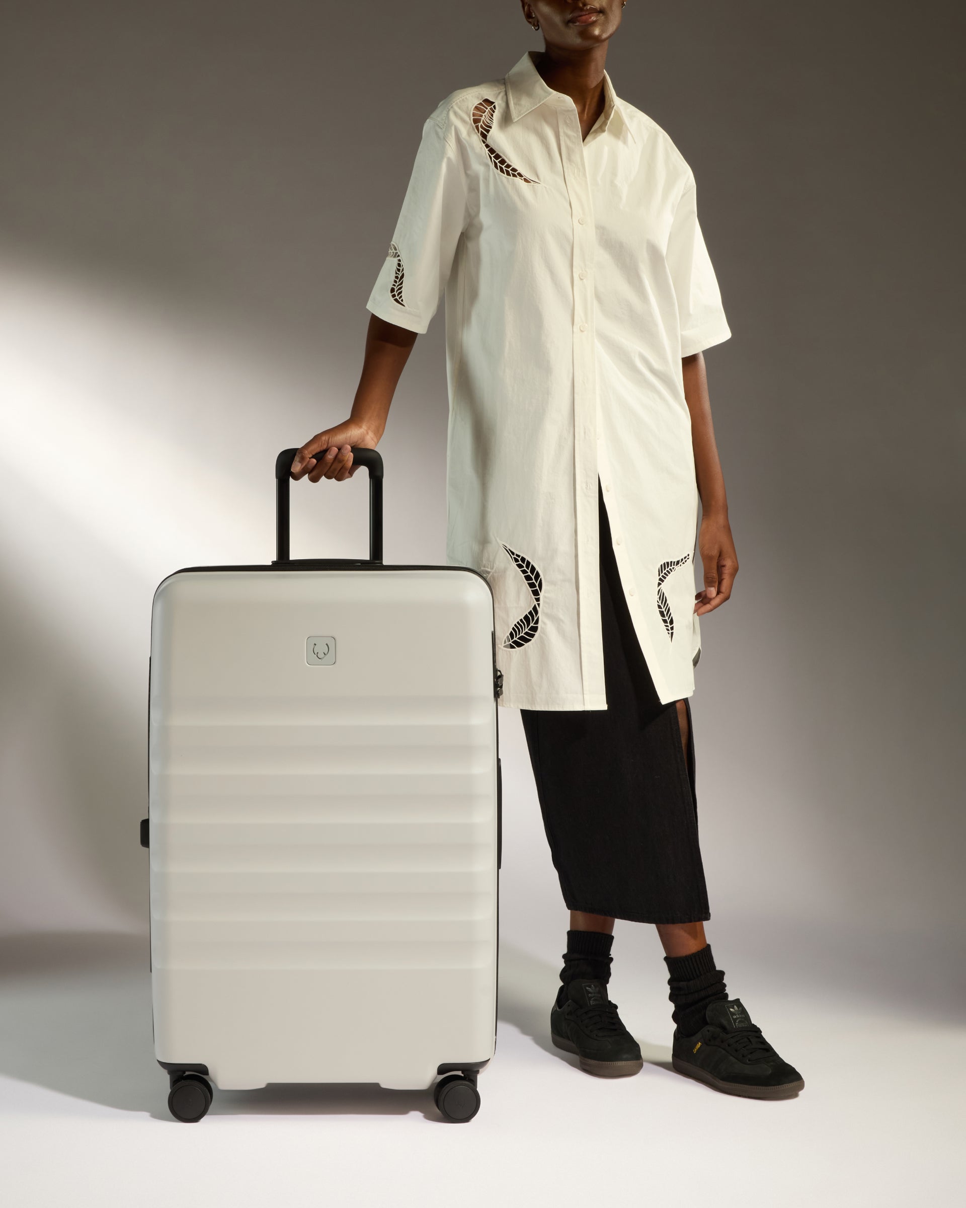 Large Taupe Luggage with Icon Stripe Design - Perfect for Travel, Business Trips & Vacation Packing